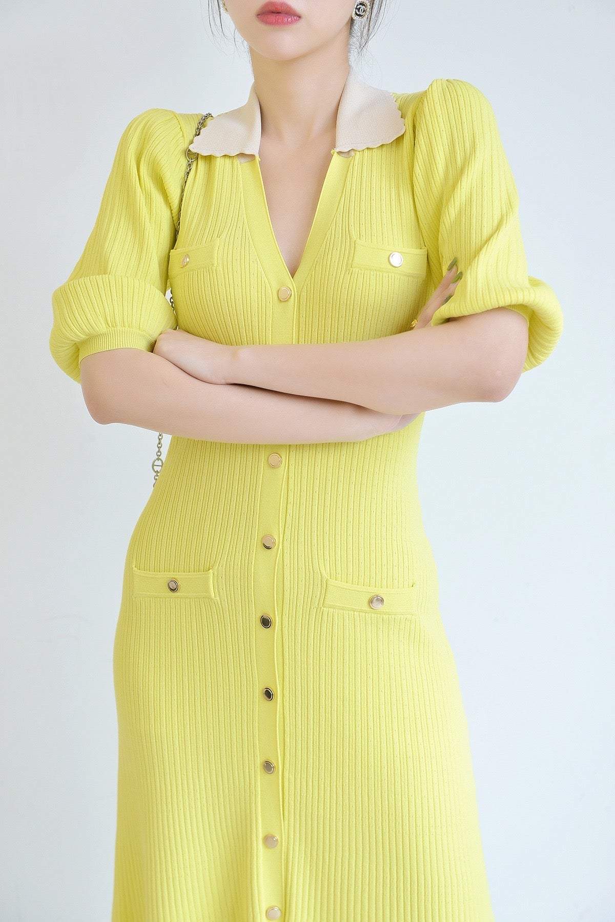 Sandro Collared Knit Button Down midi Dress - Yellow