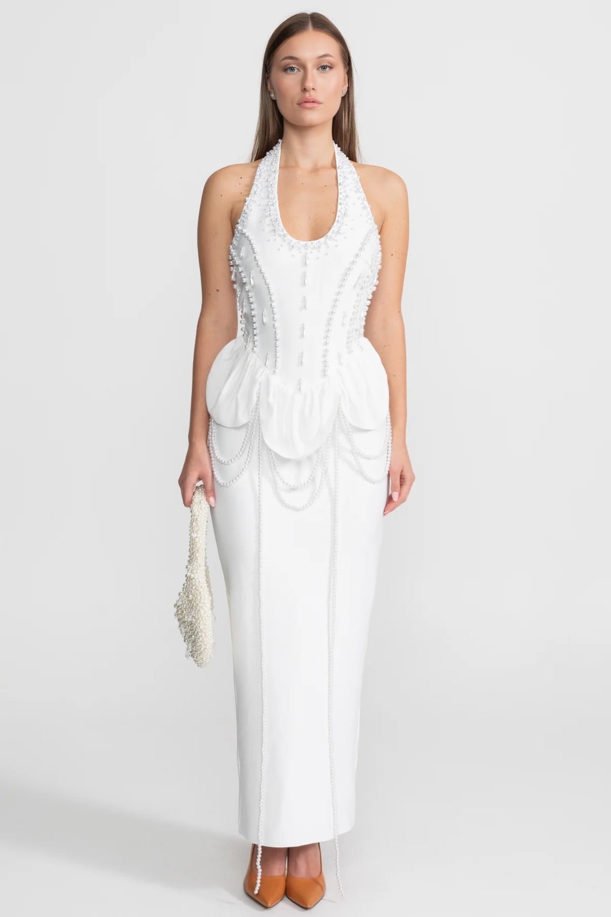 Embellished Halter Maxi Dress With Gathered Peplum Detail – White
