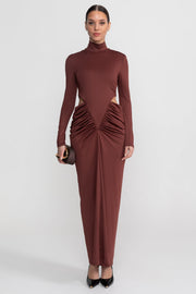 High Neck Maxi Dress With Long Sleeves And Waist Cut-Out Detail - Brown