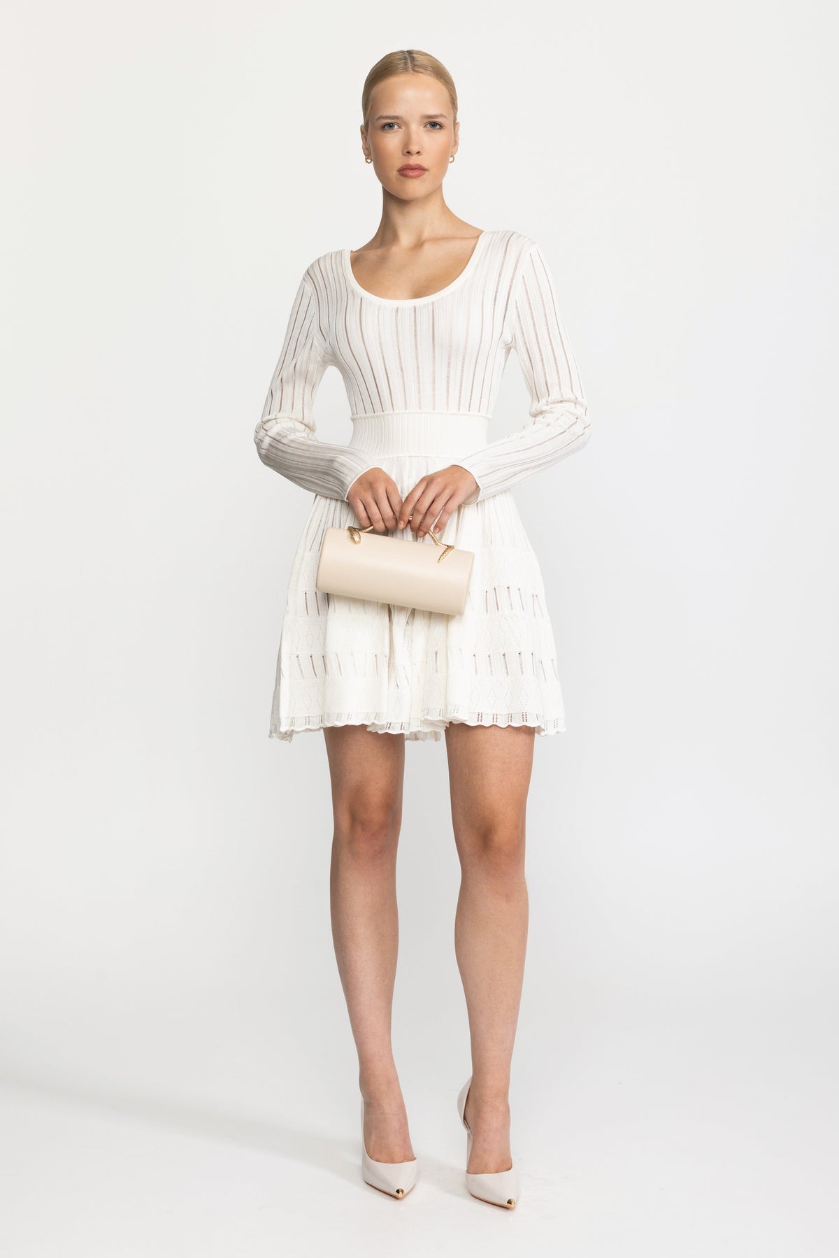 Ladder Knit Scoop Neck Skater Mini Dress - White