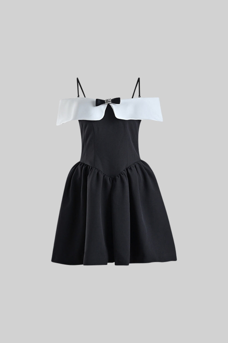 VIVIENNE Bow Detail Minimalist Mini Dress - B&W Black