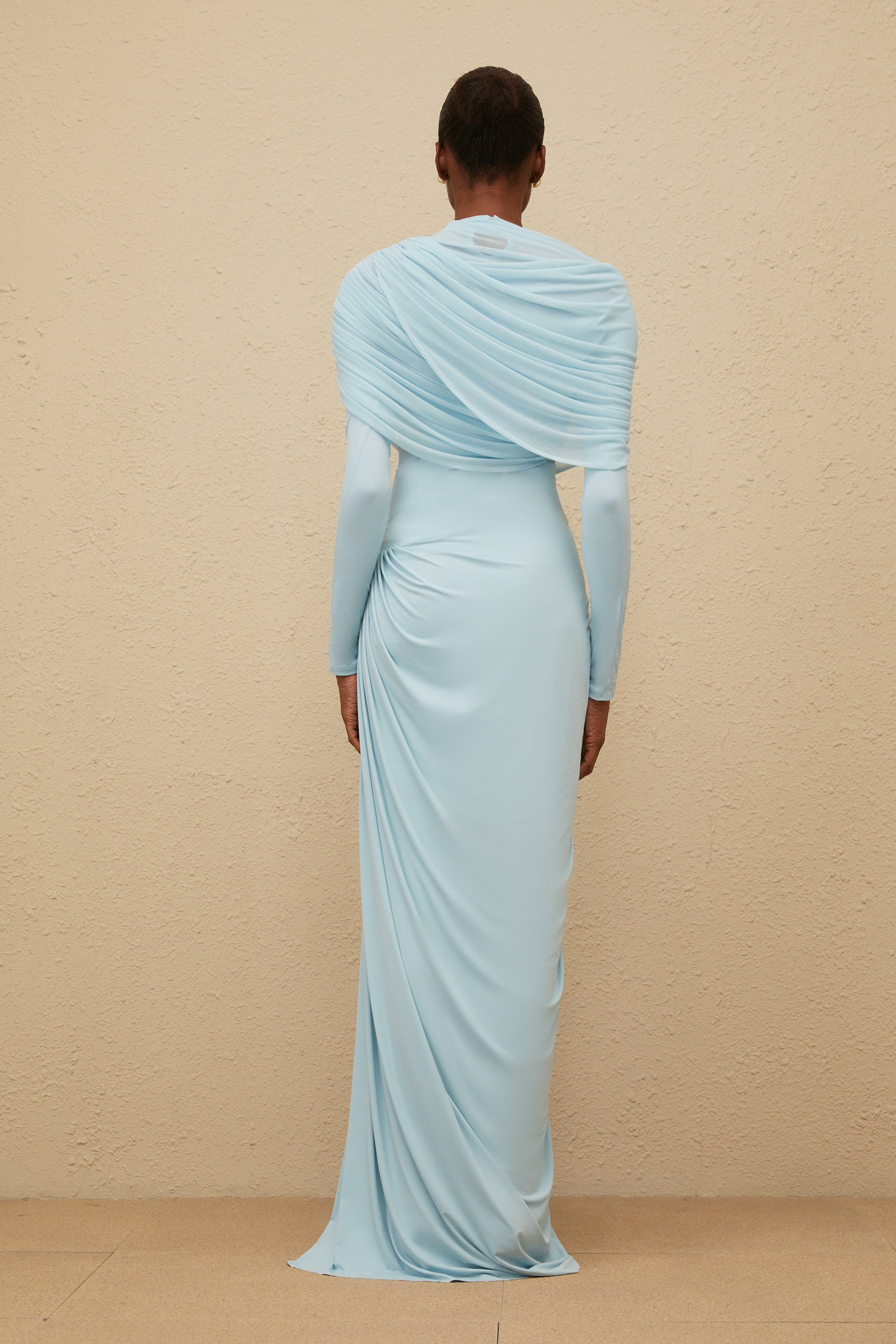 Catherine Baby-Blue Asymmetrical Pleated Long-Sleeve Maxi Dress