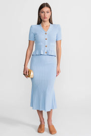 Eloise Baby Blue Knit Midi Co-Ord with Peplum Waist and Gold Buttons