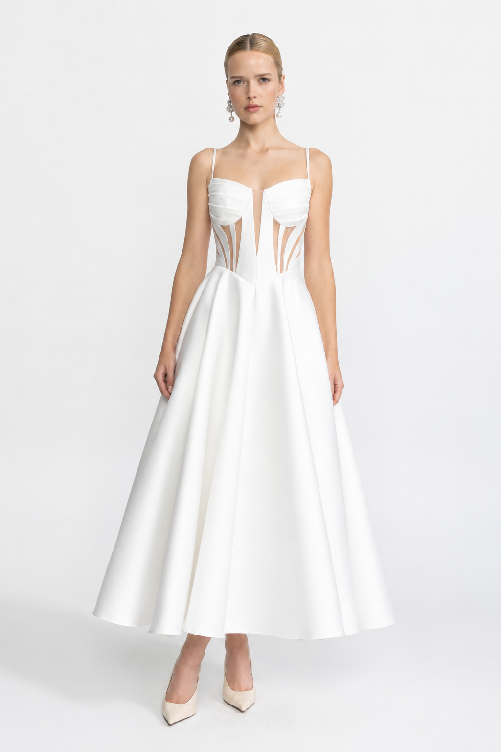 Josephine White Sheer Panel Satin Corset Midi Dress