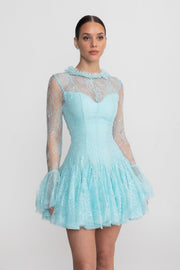 Sheer Lace Long Sleeve Mini Dress With Ruffled Hem - Teal