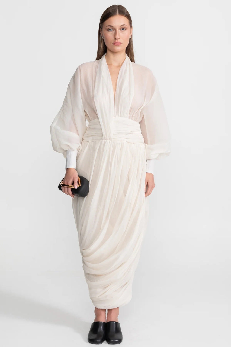 Draped Chiffon Maxi Dress With Long Bishop Sleeves – Ivoire