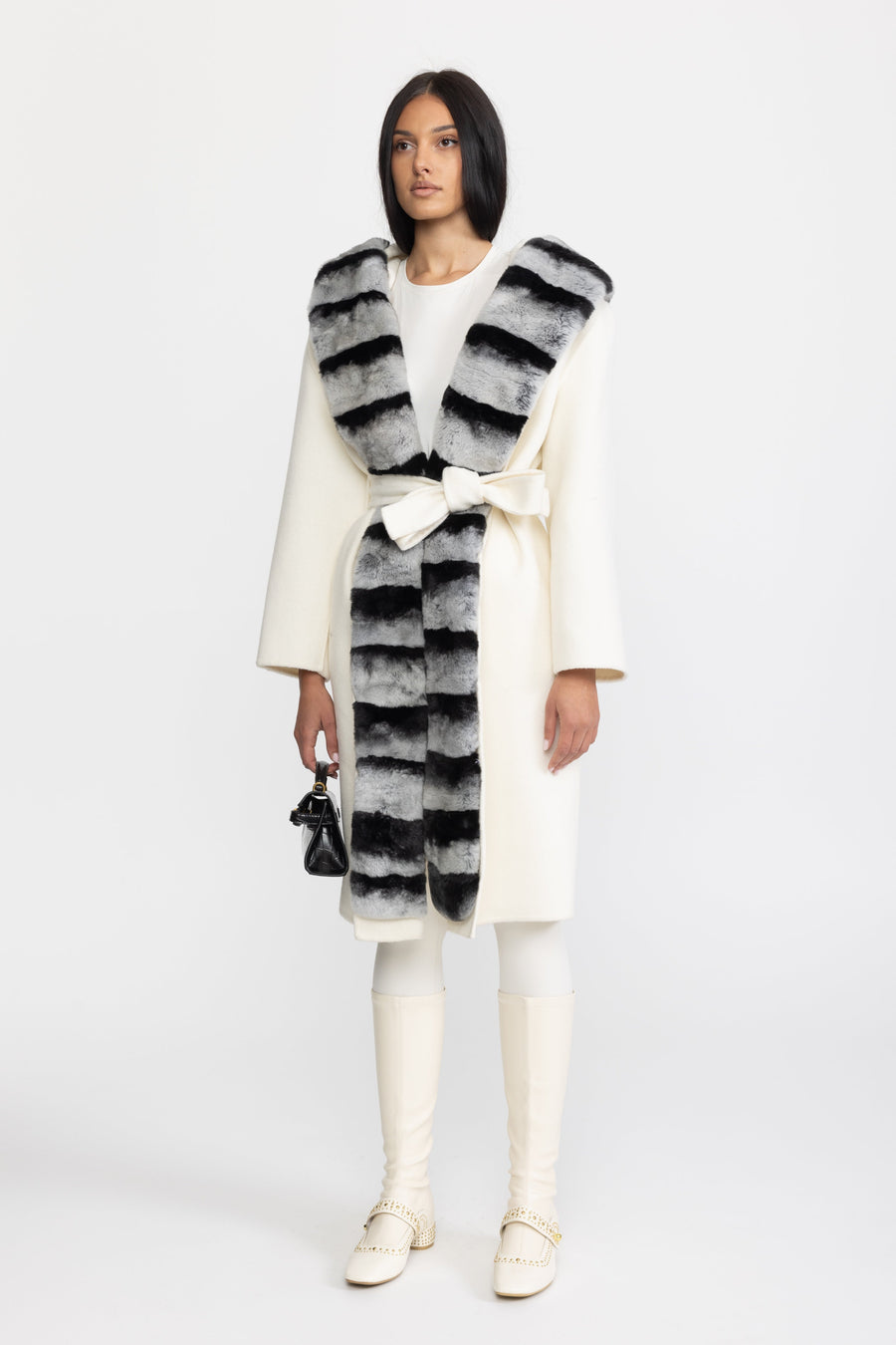 Rex Rabbit Fur Trim Hooded Wool Wrap Coat - Ivoire
