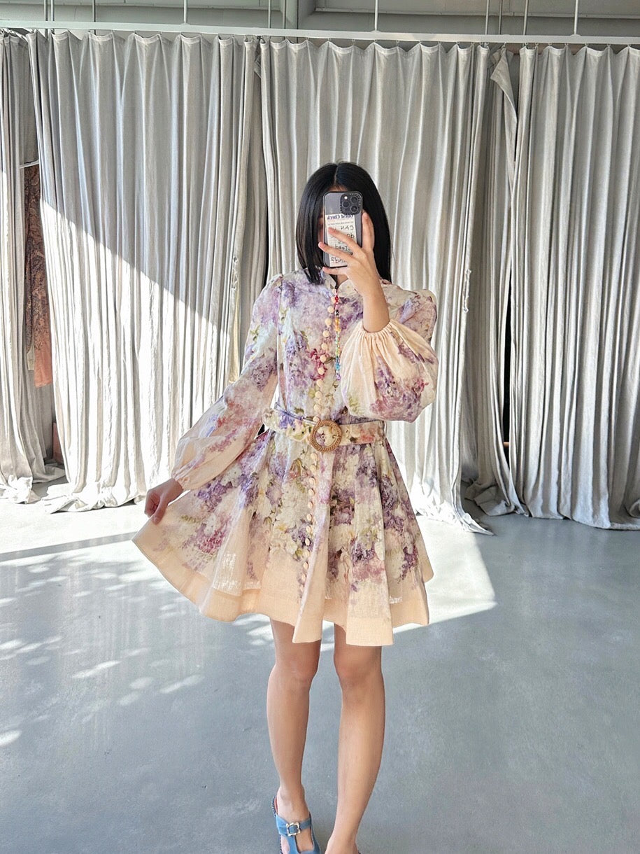 MADDY  FLORAL COTTON LINEN  FLORAL MINI DRESS - Pink