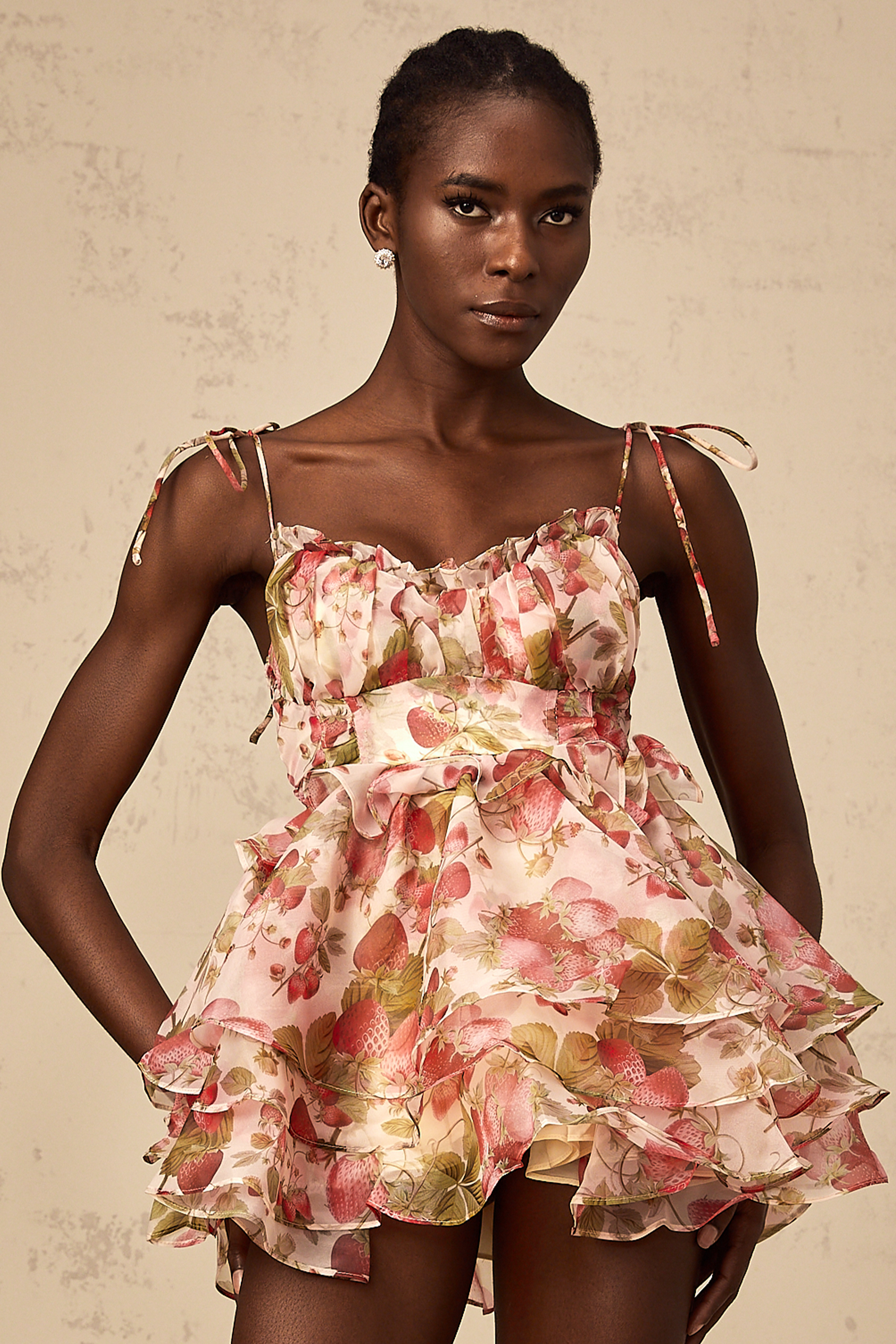 Angèle strawberry-print tiered mini dress