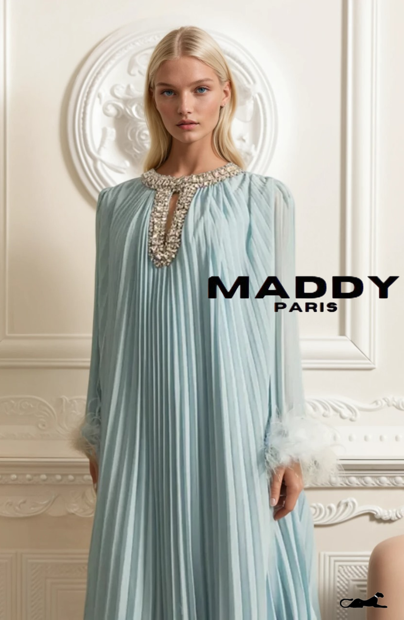 LAMISS Pleated Maxi Dress With Feathered Cuffs And Sparkling Neckline - Blue