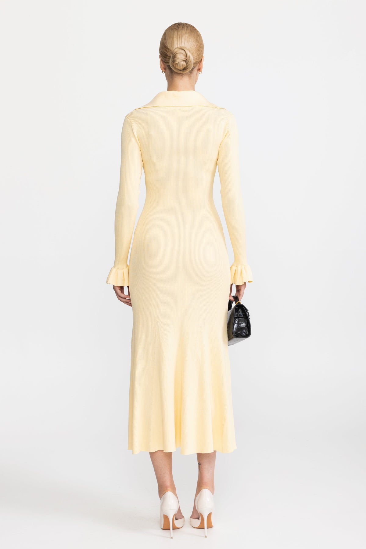 Tie Neck Rib Knit Ruffle Cuff Midi Dress - Yellow
