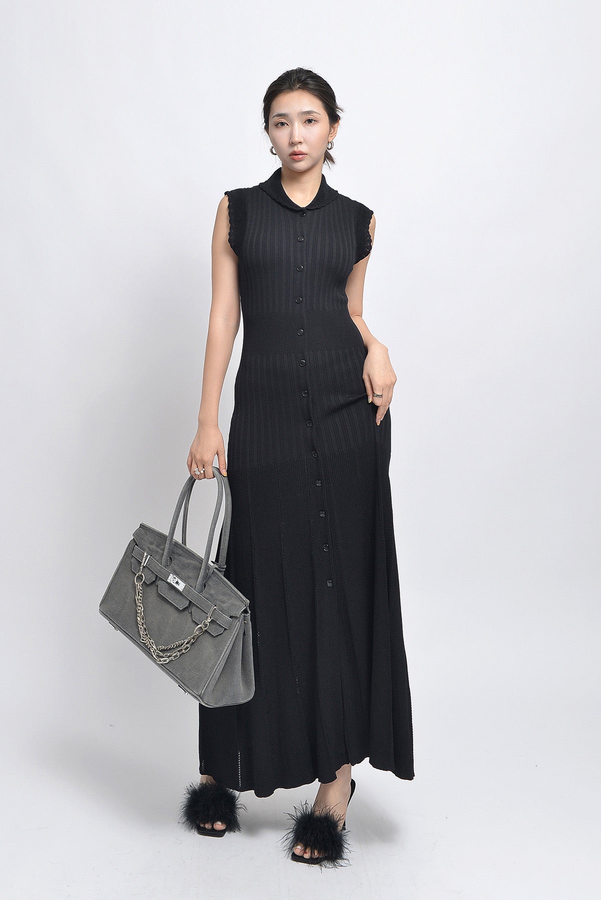 SANDRO Ribbed Maxi / midi dress - Black