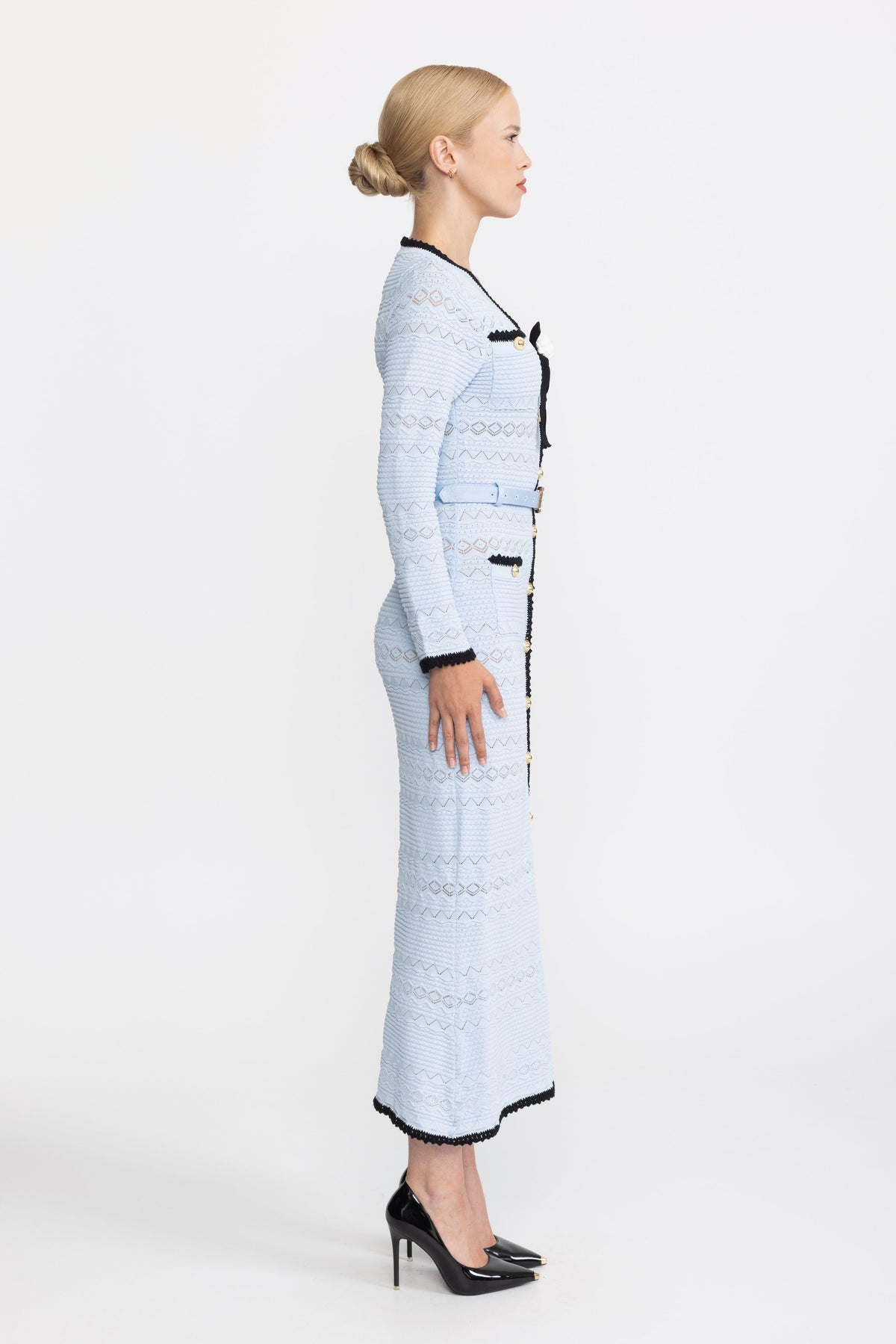 Crochet Trim Knit Button Midi Dress with Flower Brooch - Light Blue