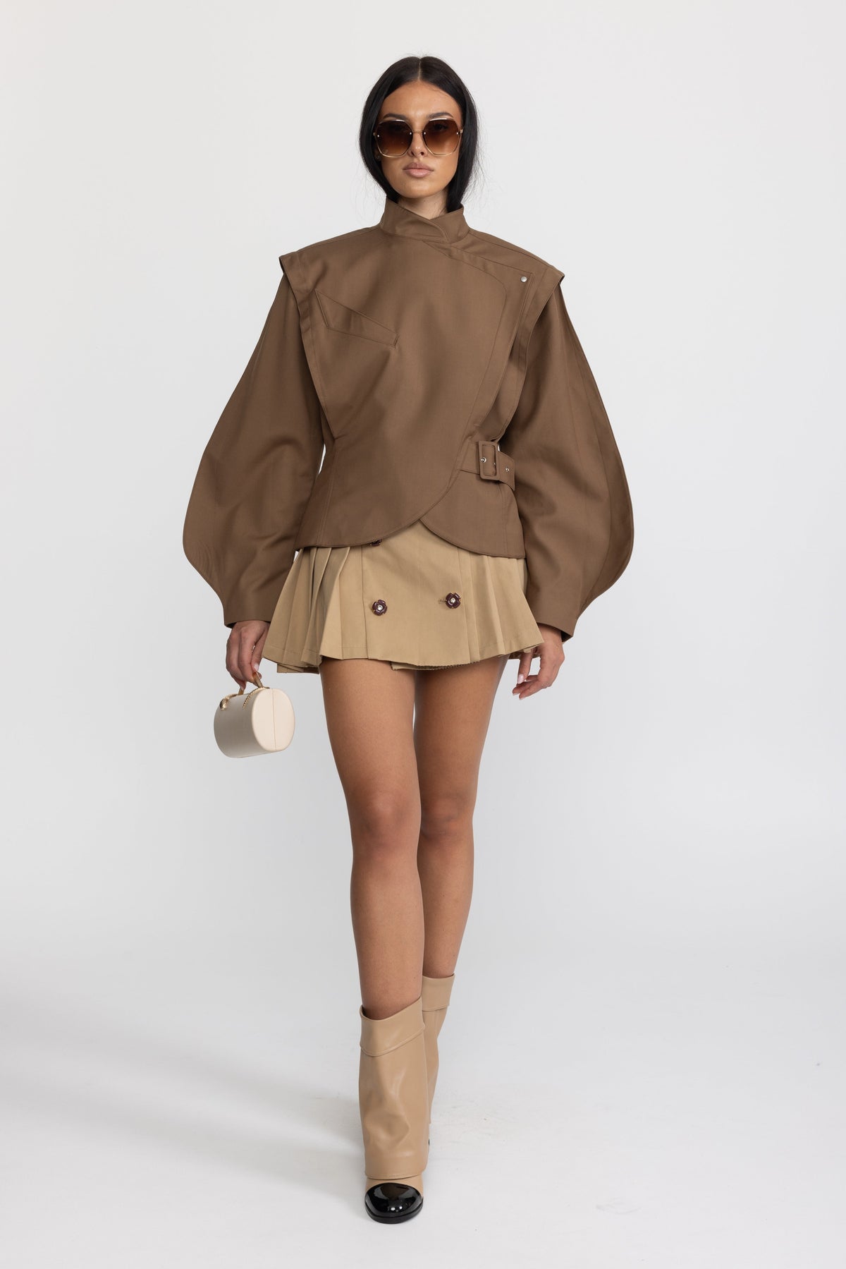 Structured Balloon Sleeve Wrap Jacket - Brown
