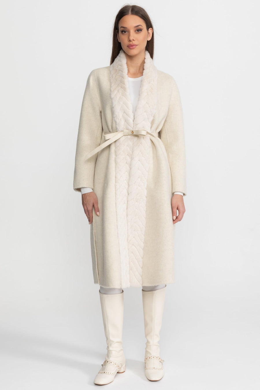 Wool Blend Belted Coat with Textured Sable Fur Panel – Ivoire