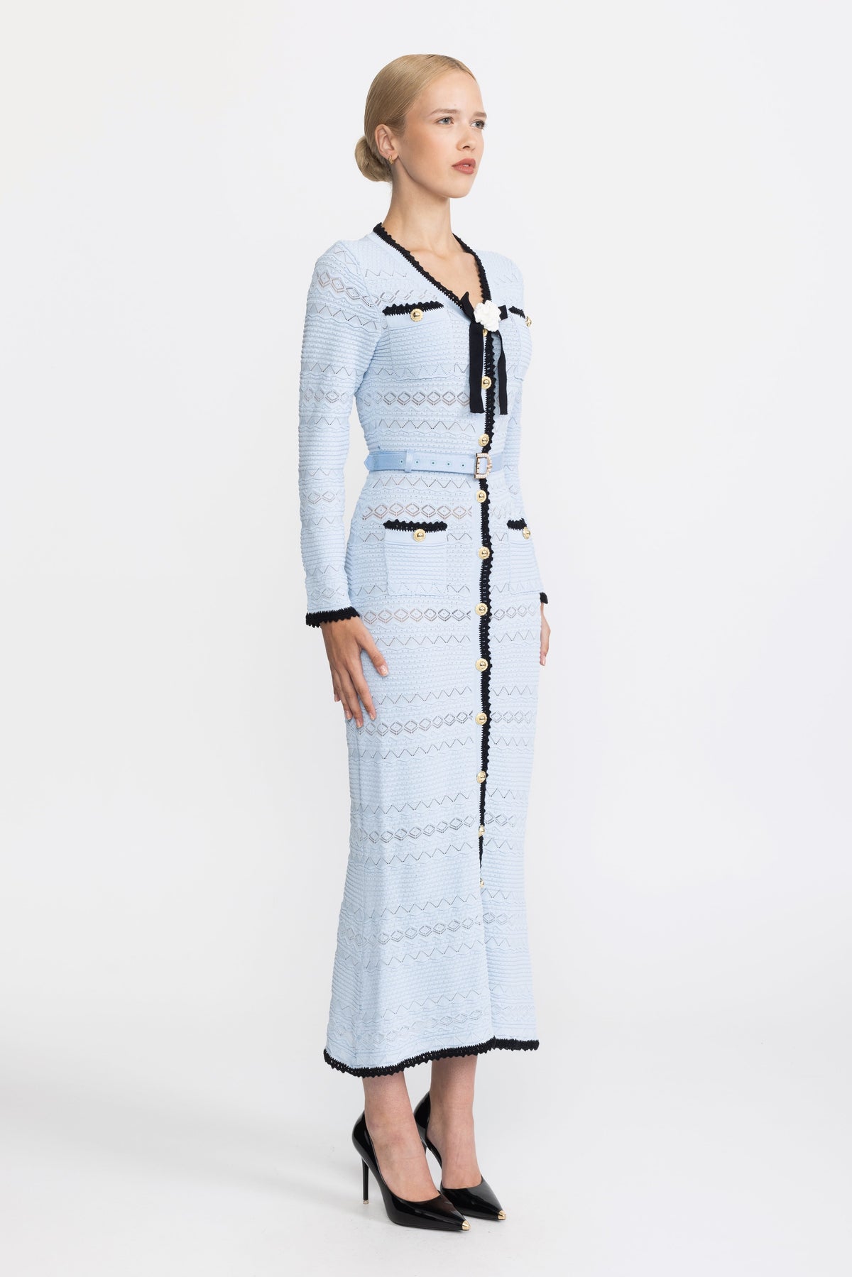 Crochet Trim Knit Button Midi Dress with Flower Brooch - Light Blue