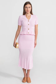 Eloise Pink Knit Midi Co-Ord with Peplum Waist and Gold Buttons
