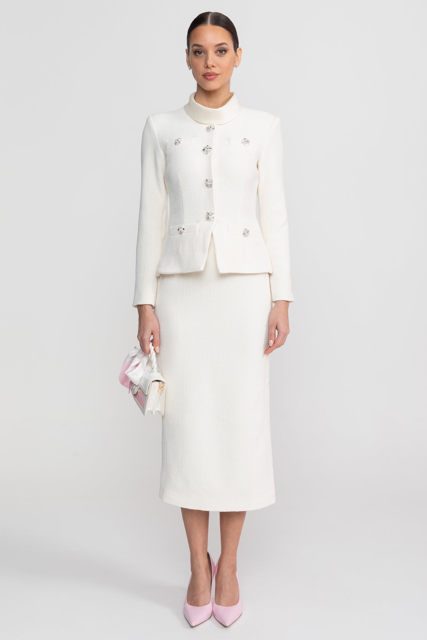 Textured Co-Ord Set With High Neck Jacket And Crystal Button Detail - White