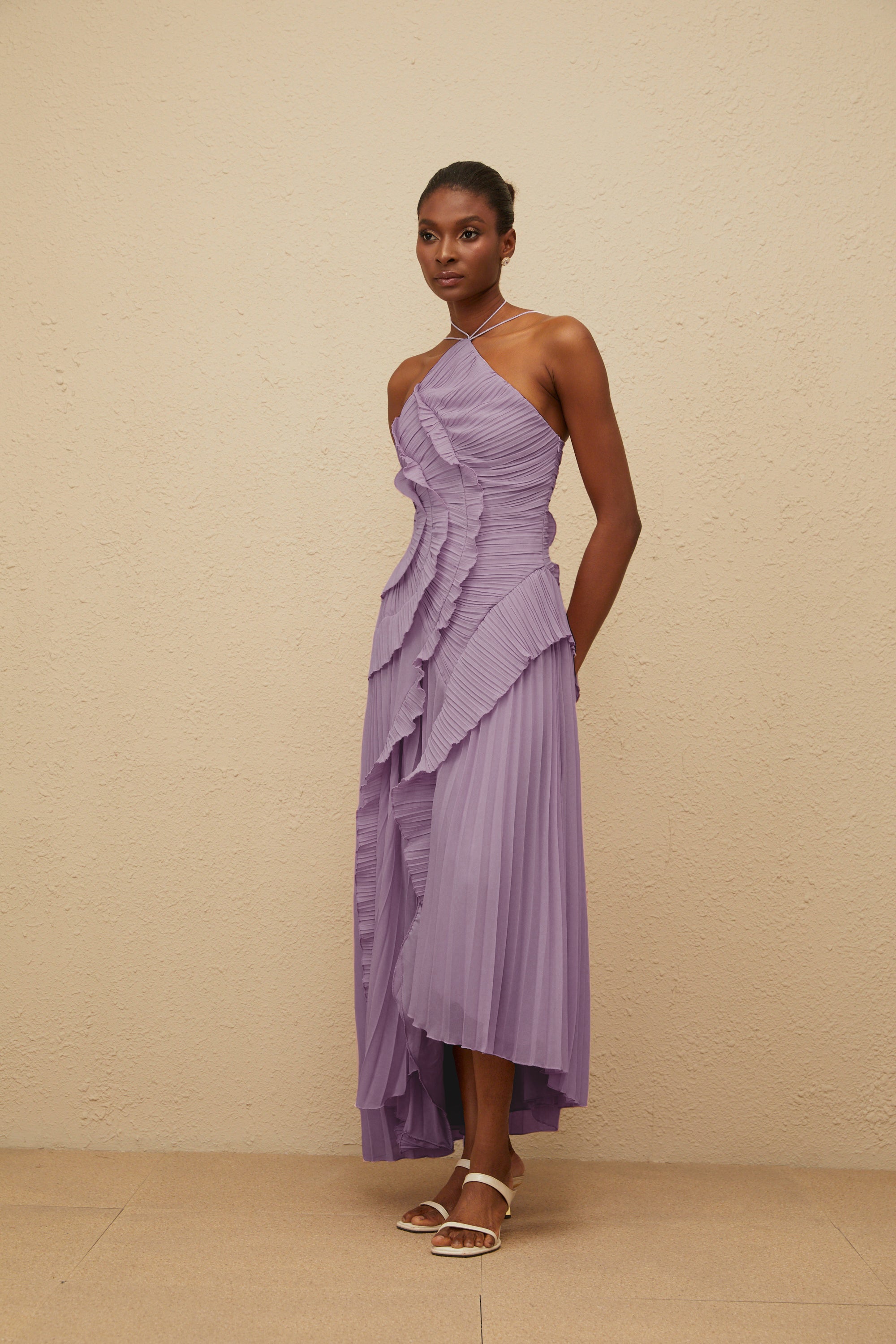 Doux Purple Ruffled Trim Pleated Midi Dress (Final Sale-US Only)