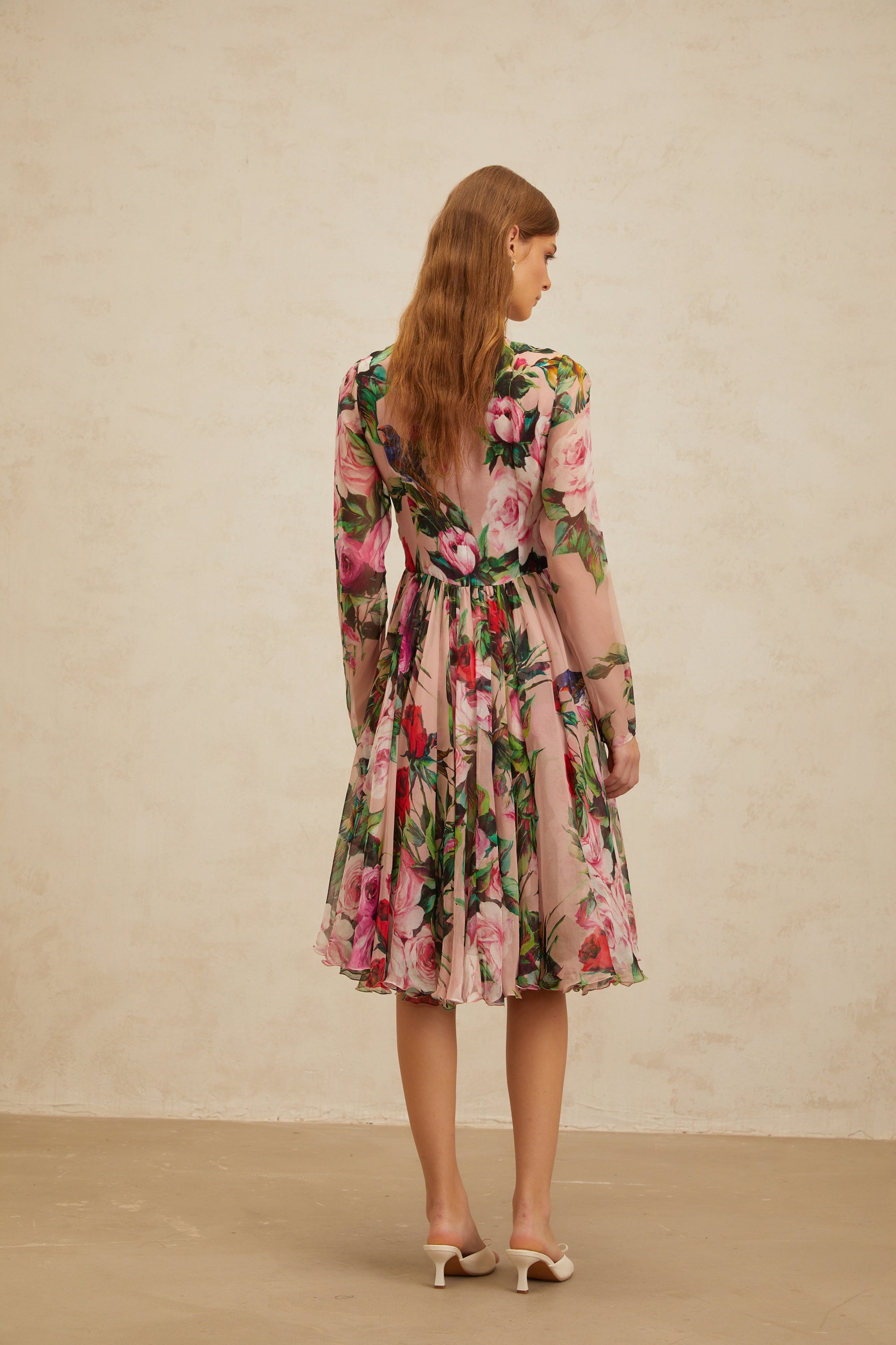 Coralie Pink Rose Print Summer Silk Midi Dress