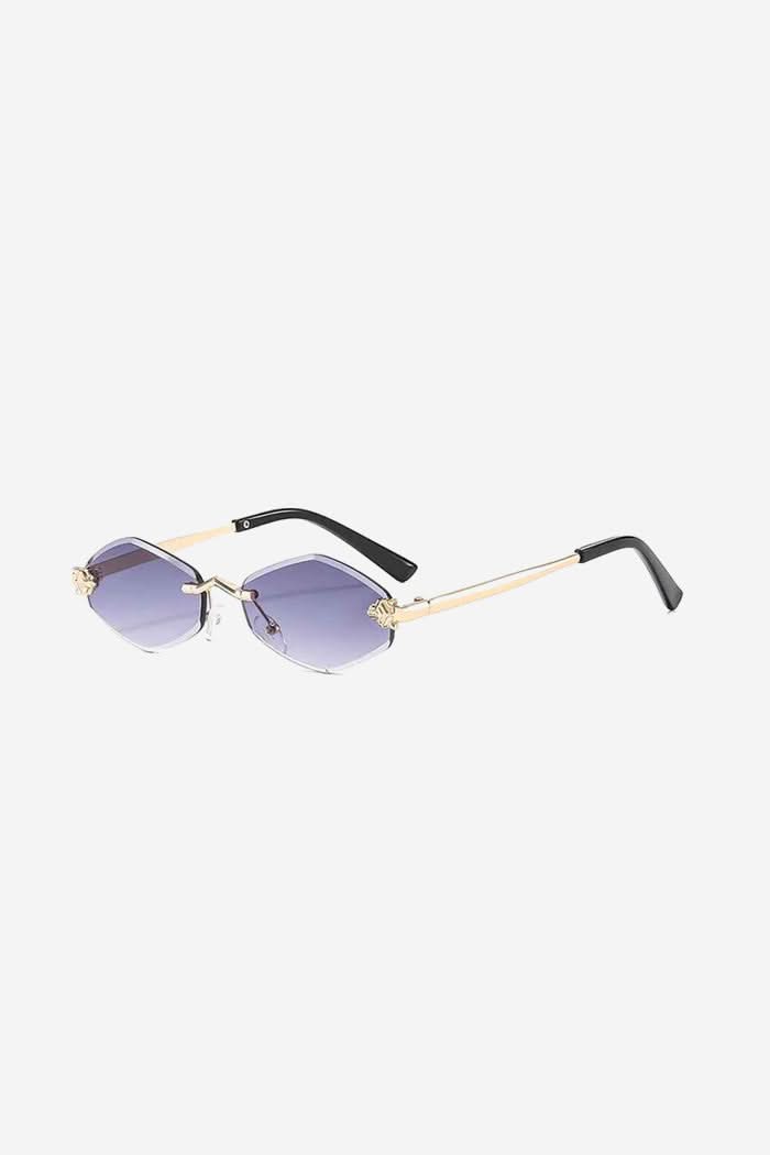 Rimless Hexagon Sunglasses with Gold Patterned Temples – Purple