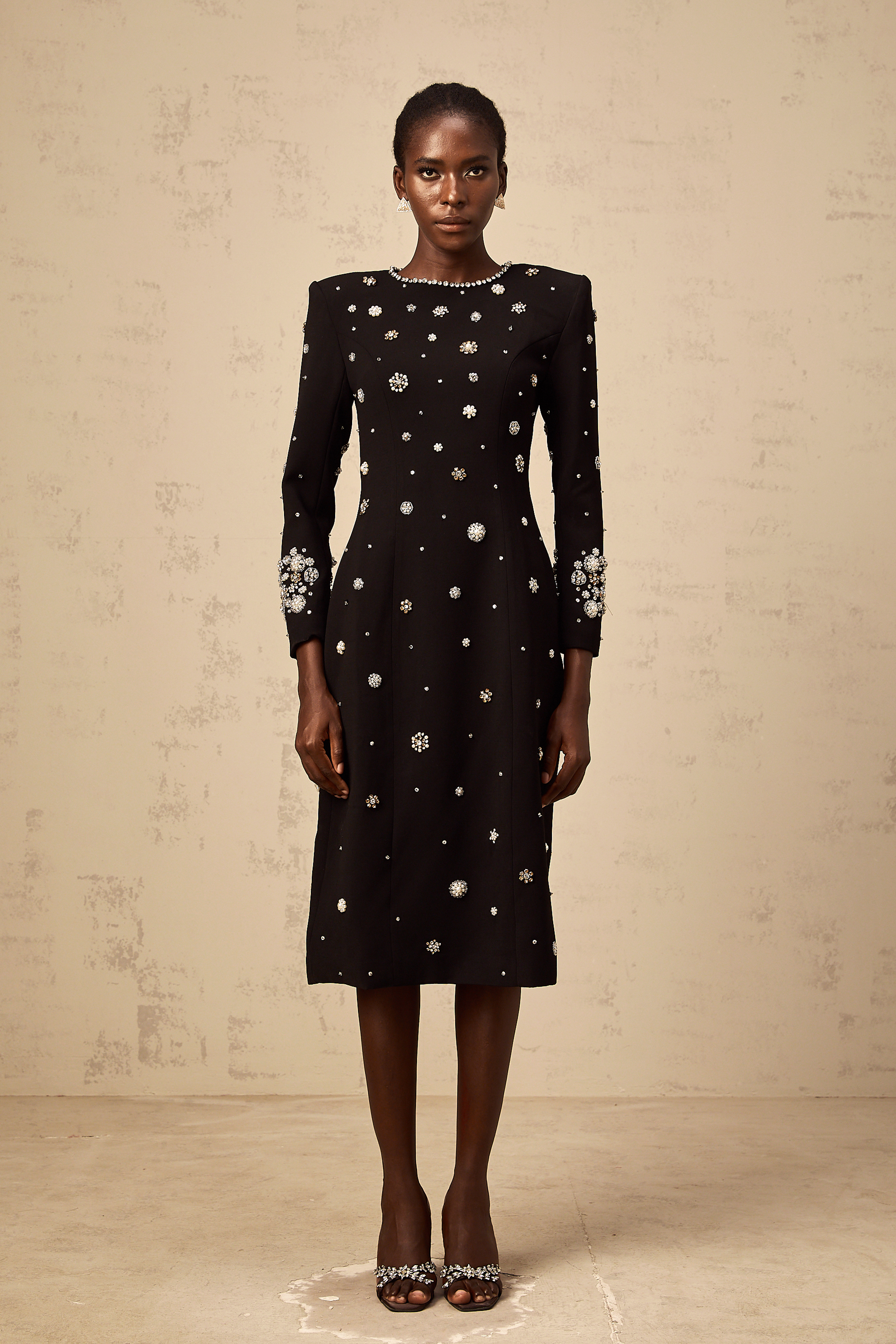 Gaëlle black dart-detail embellished midi dress