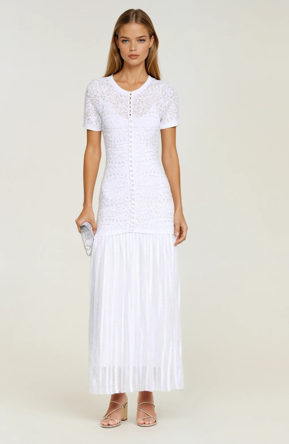 Sandro Celeste Embellished Knit Maxi Dress with Cropped Pearled Cardigan - Pearl White