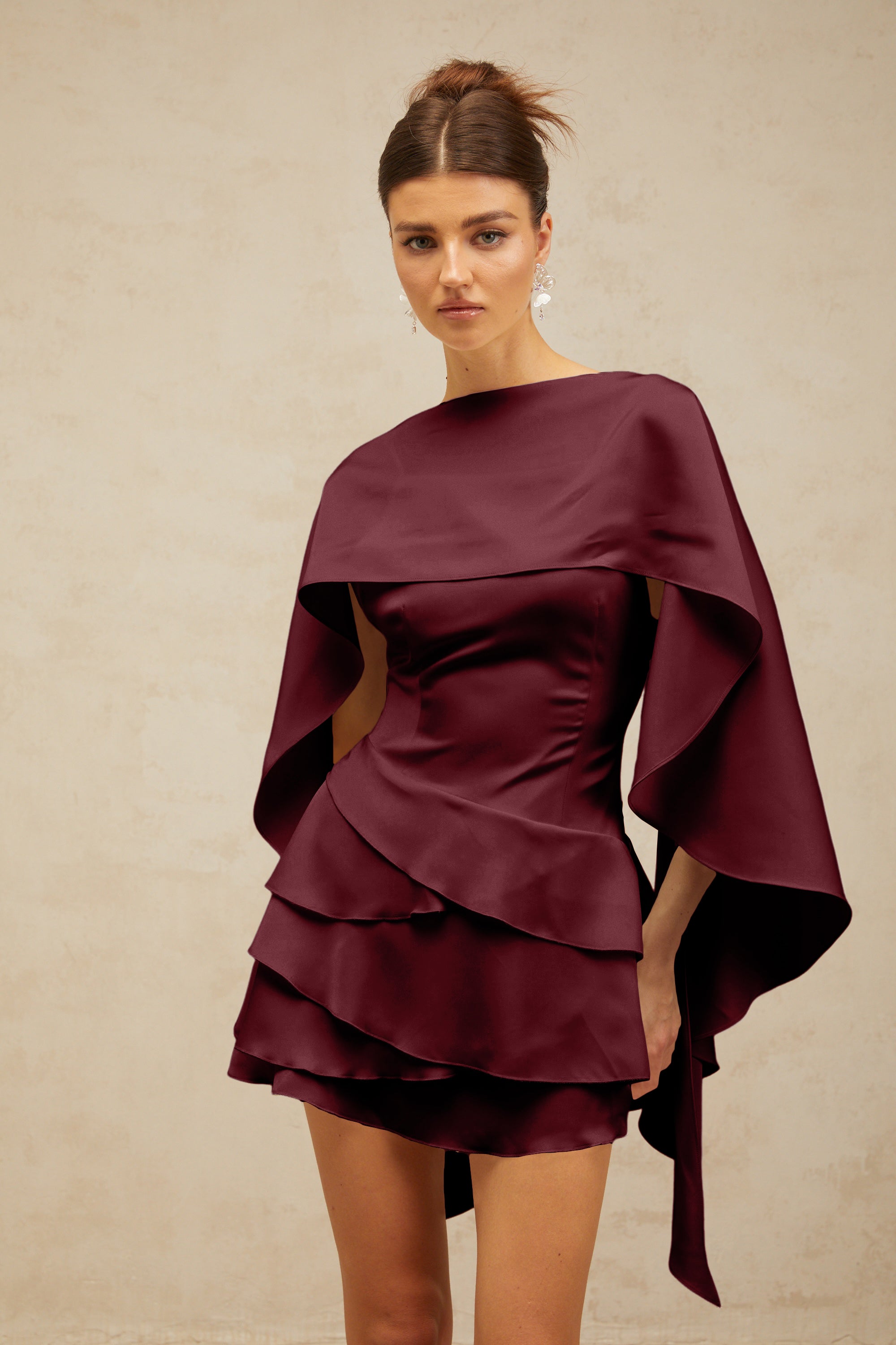Lyna shawl-panel ruffled satin mini dress in Red