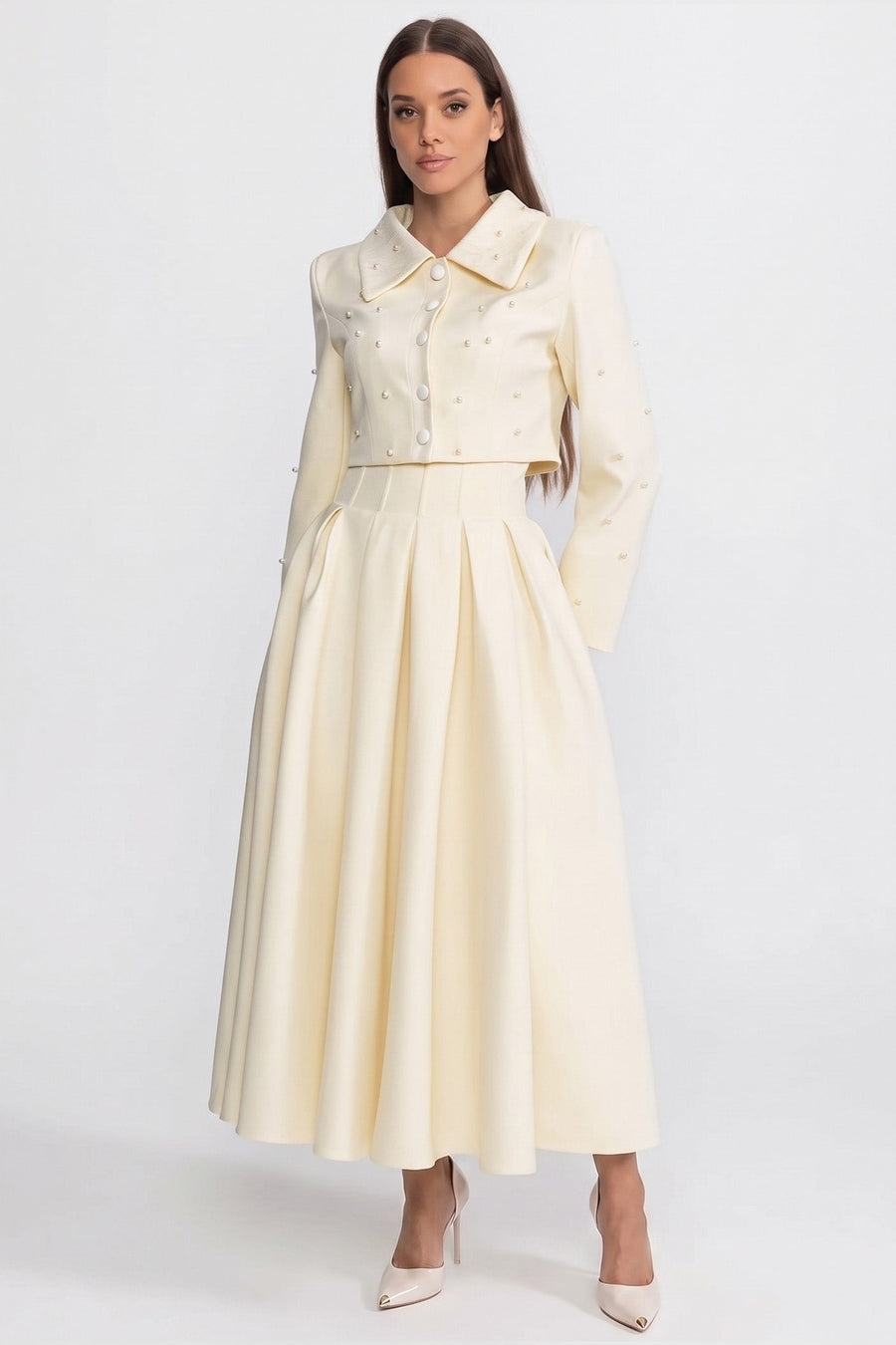 Pearl-Embellished Co-Ord Set with Cropped Jacket and Full Skirt – White