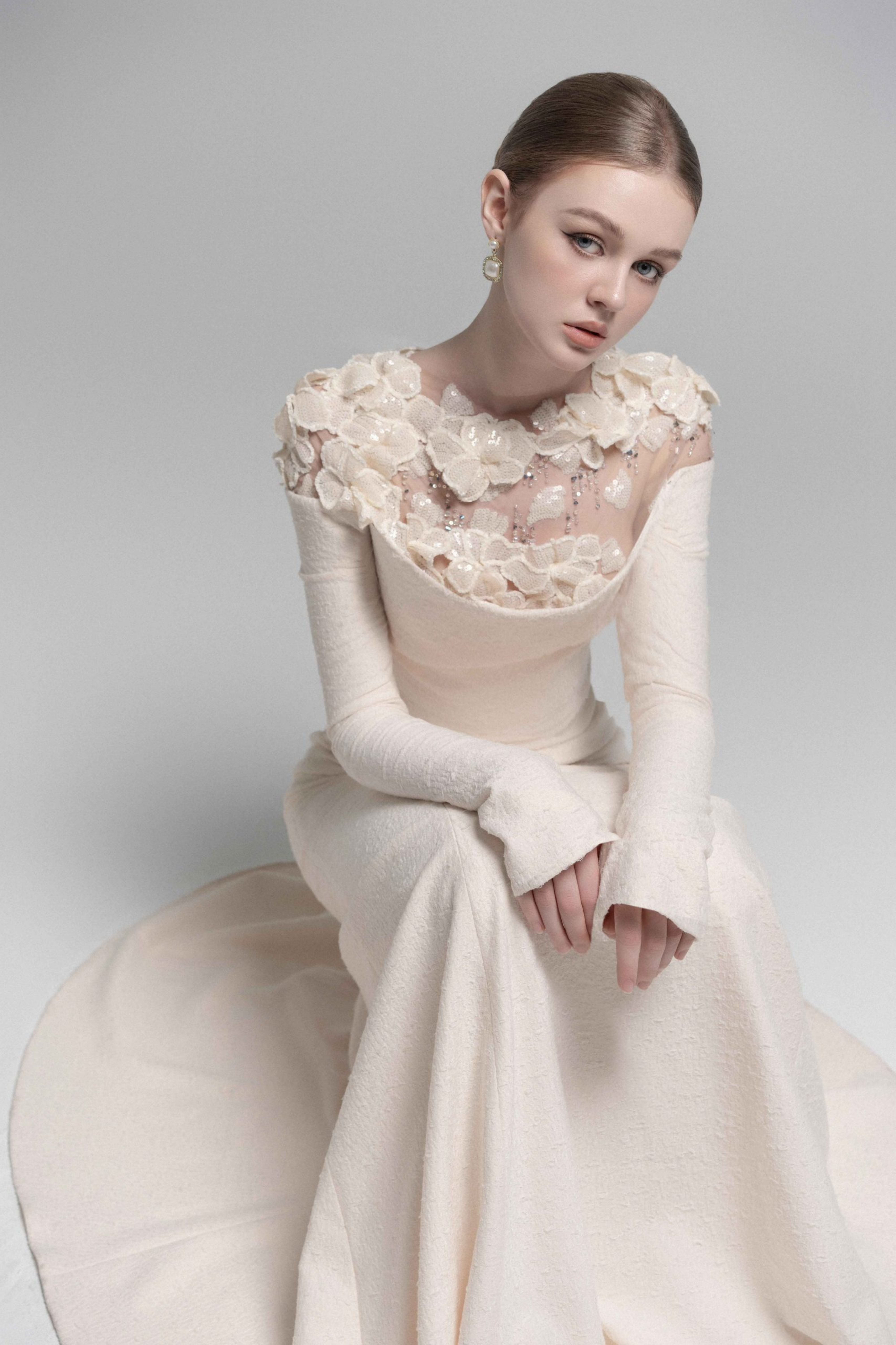 Silvia White Floral Appliqué Off-Shoulder Gown