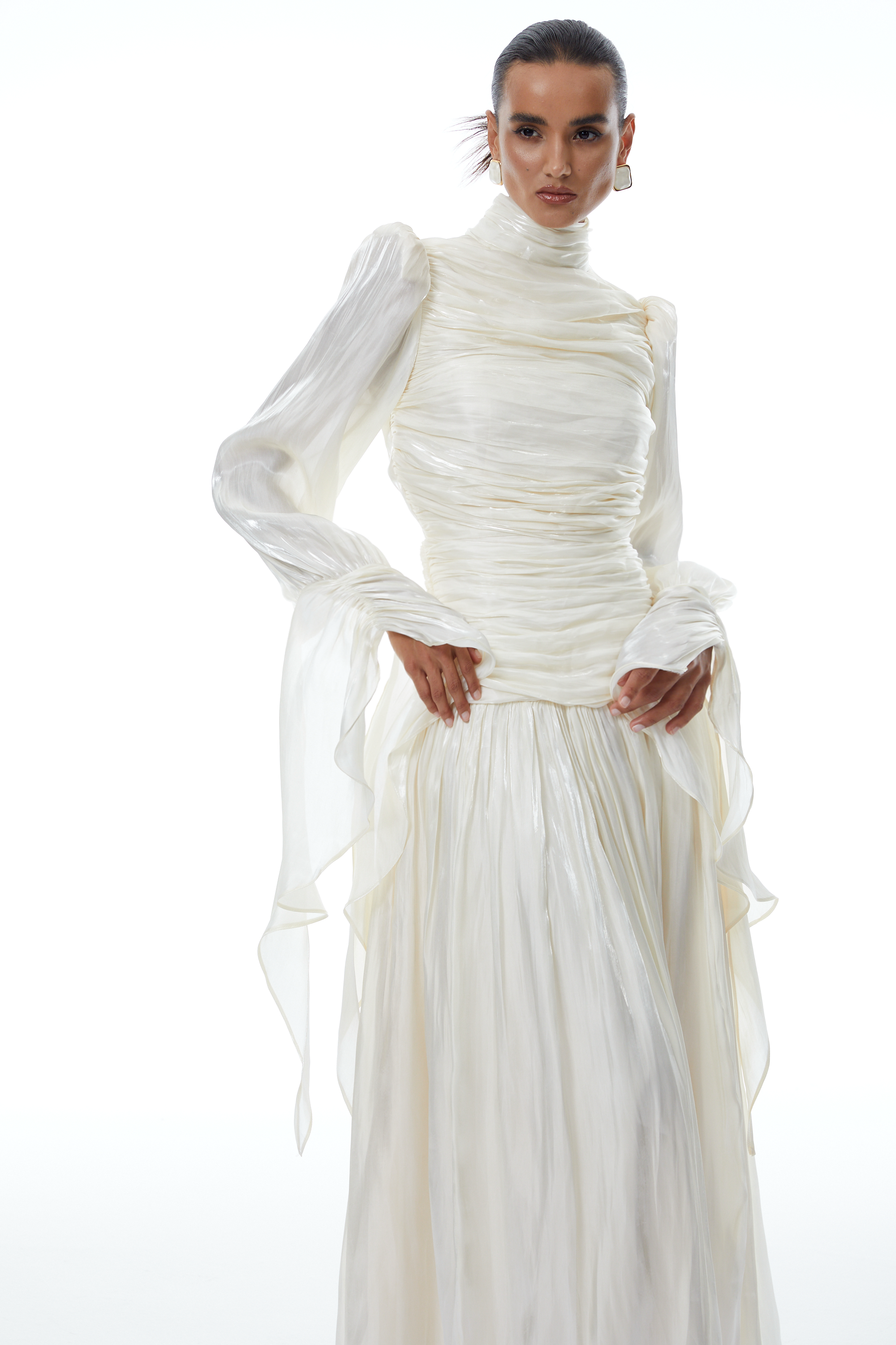 Sarolta Neutral Glossy Ruched Maxi Dress (Final Sale-US Only)