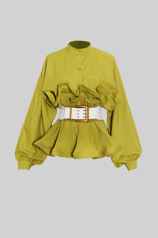 SERILDA Ruffle Shirt with Massive Belt - Olive Green