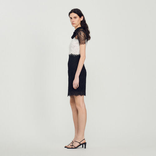 SANDRO TWO-TONE LACE DRESS - White / Black