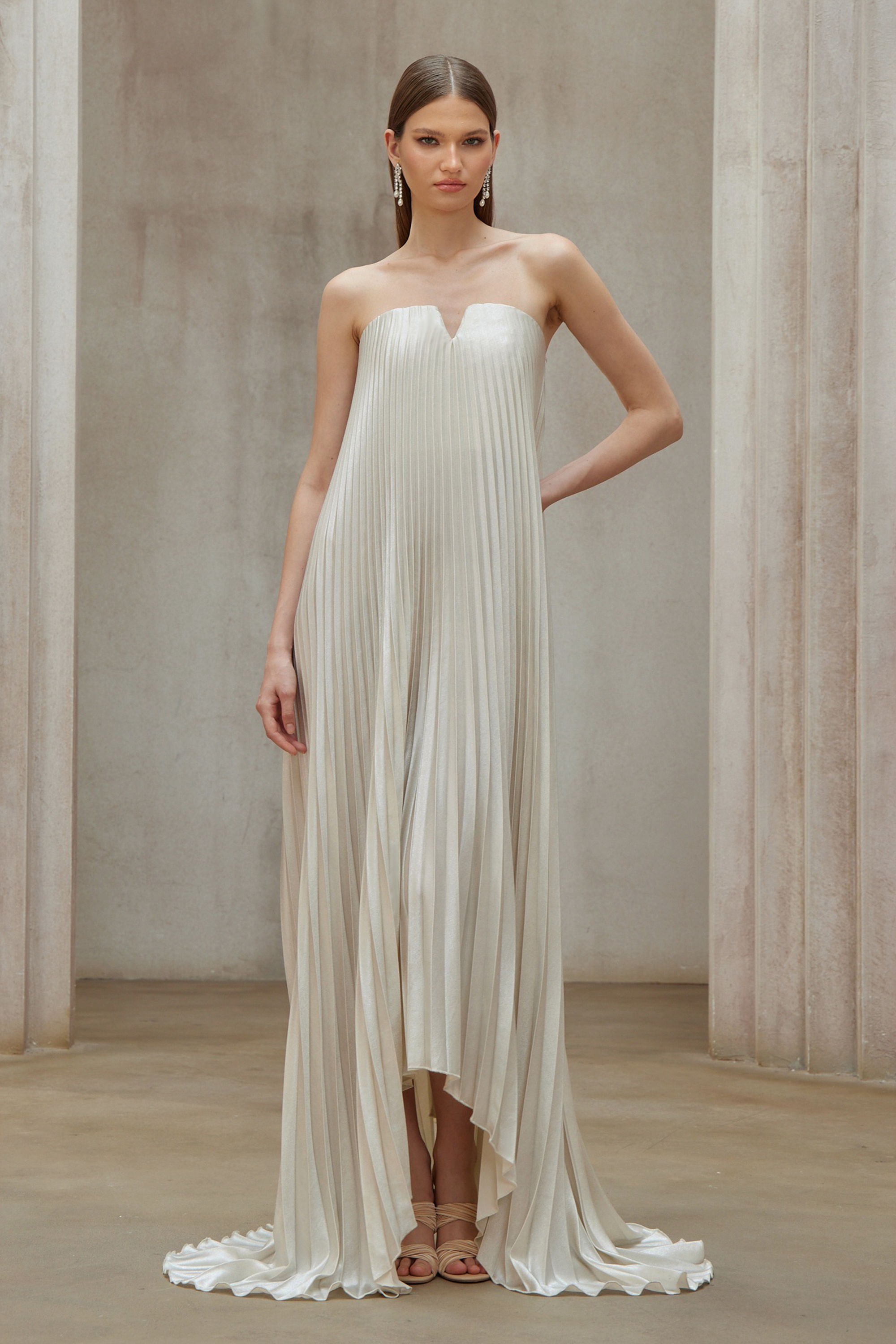 Satiné Gold Fully-pleated Maxi Dress