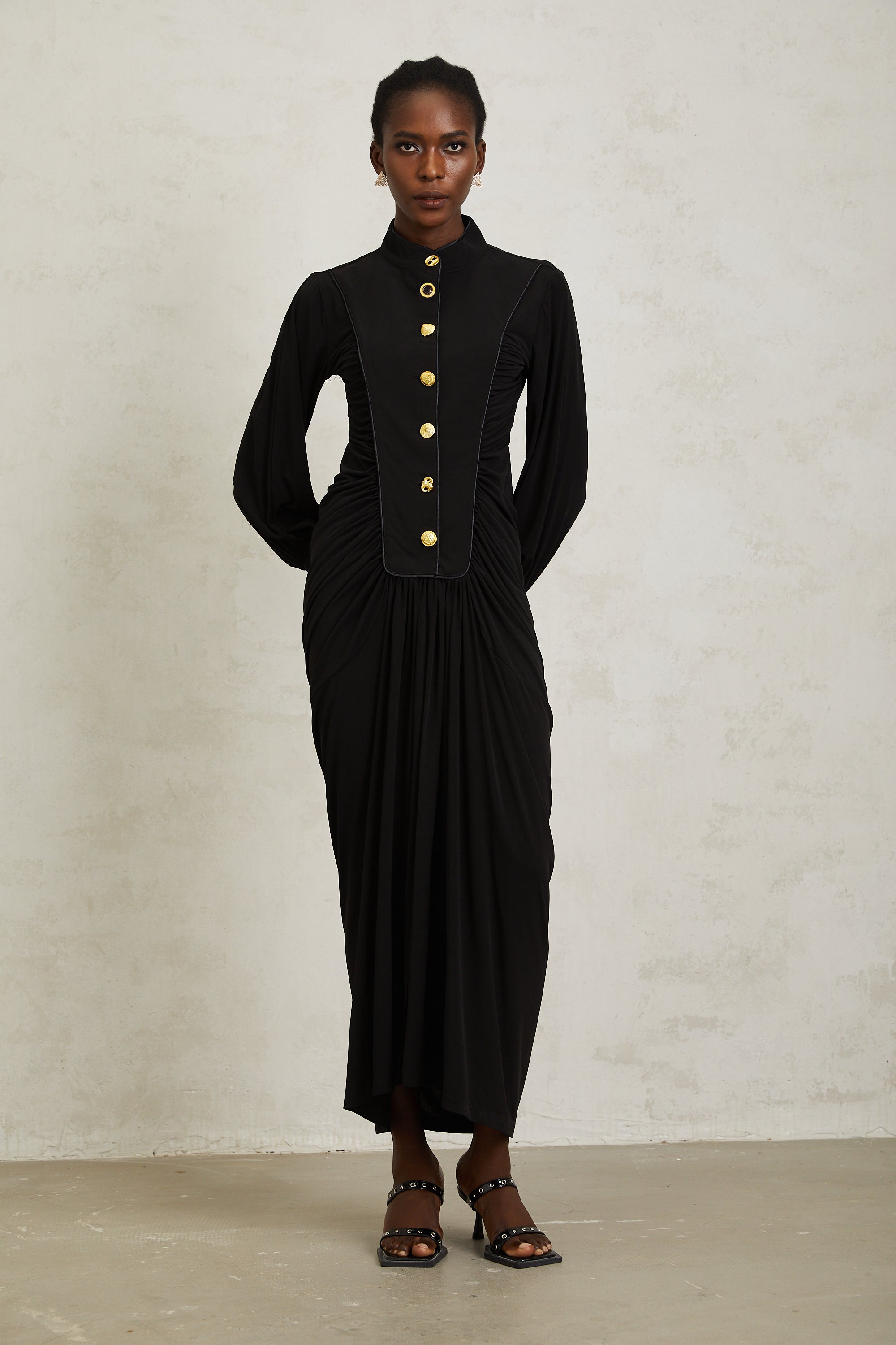 Brooklyn Black Gathered Draped Maxi Dress