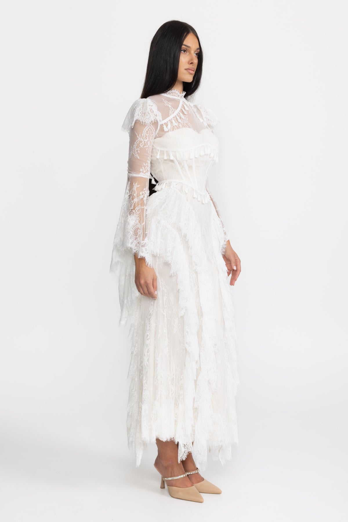 Tassel Trim Lace Corset Bell Sleeve Maxi Dress - White
