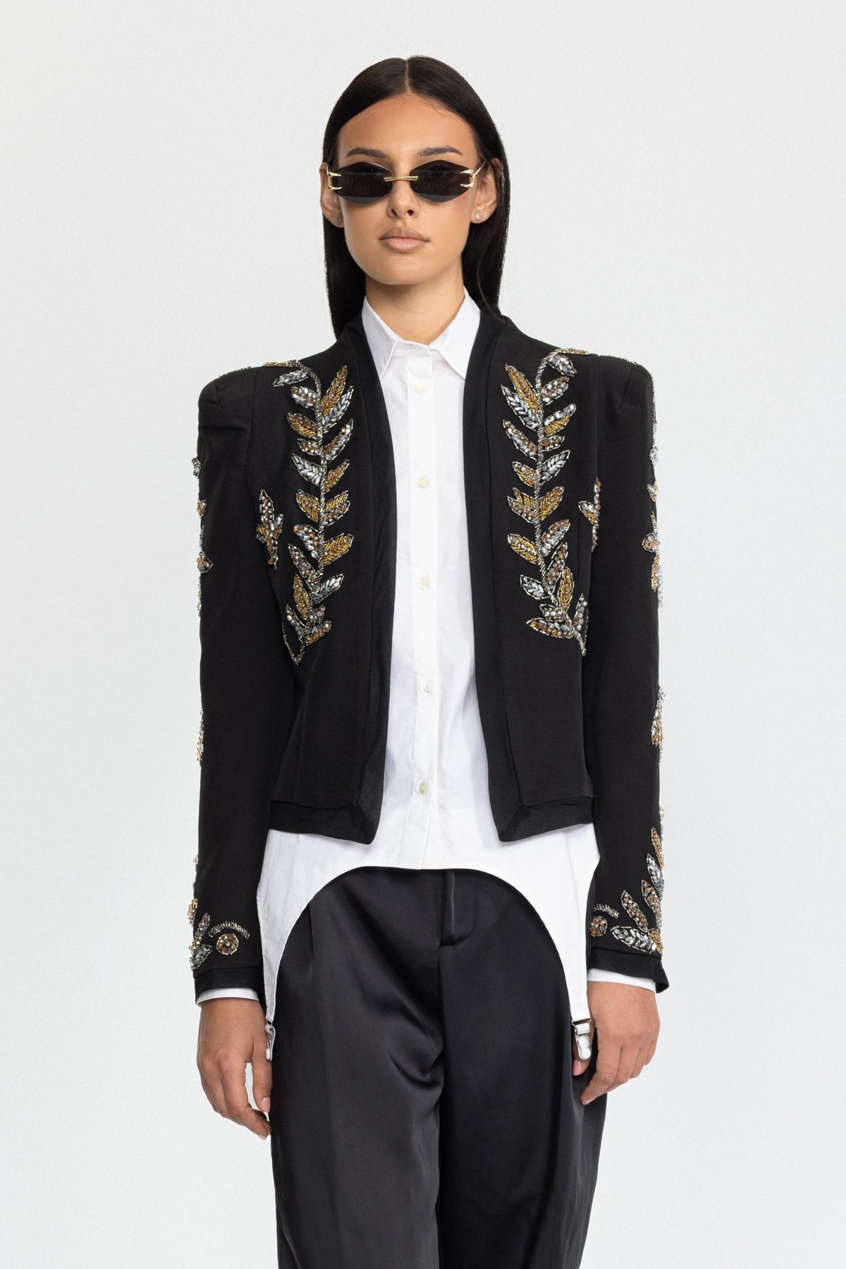 Embellished Laurel Cropped Blazer - Black