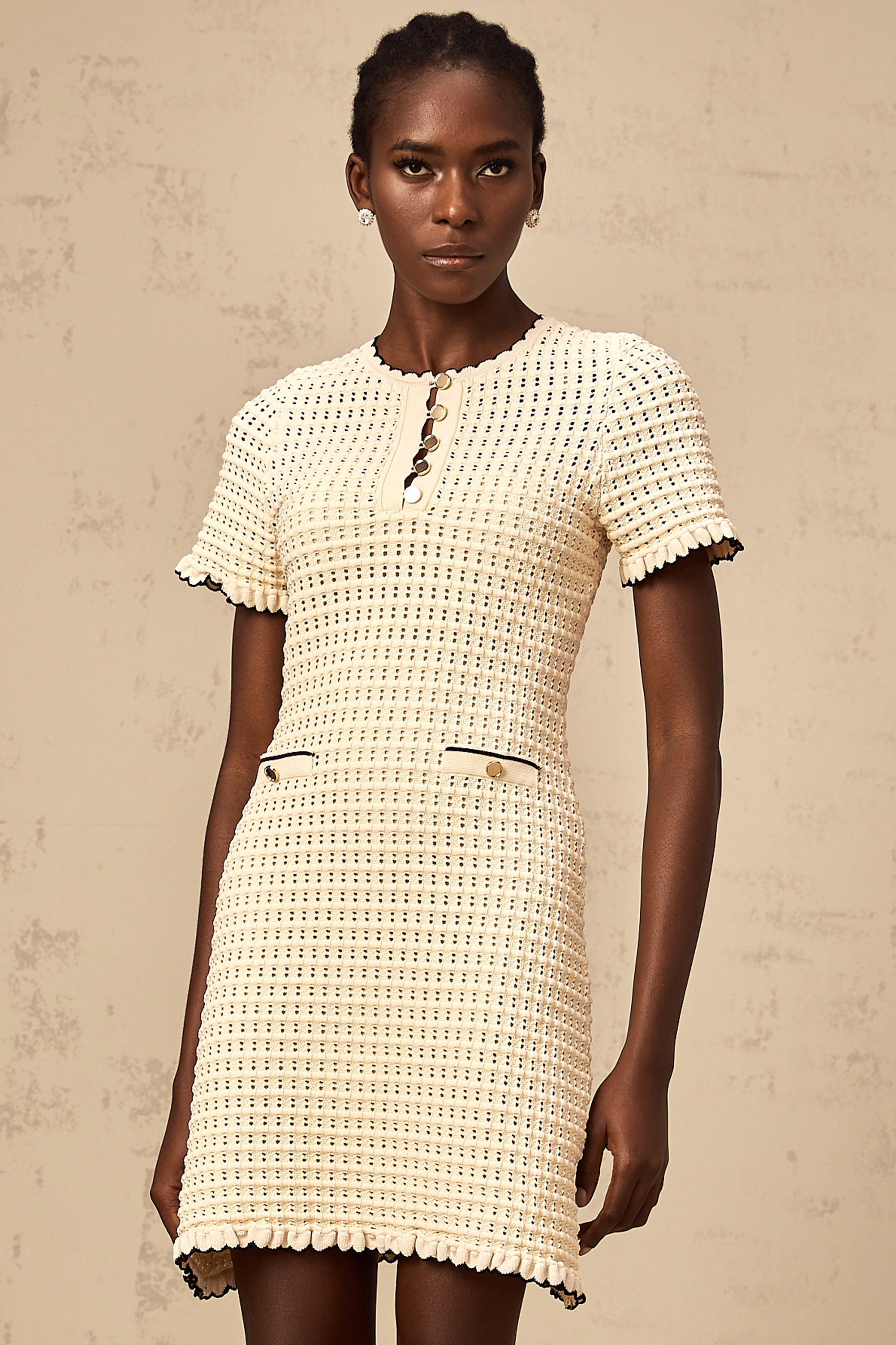 Victoire neutrals ruffled pointelle-knit mini dress (US Only)