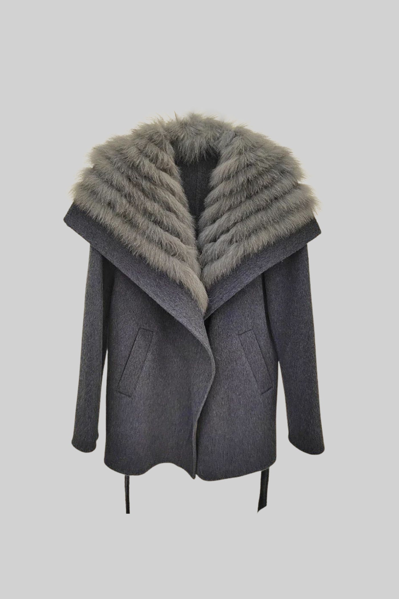 Wool Coat with Oversized Fur Collar And Belt - Gray