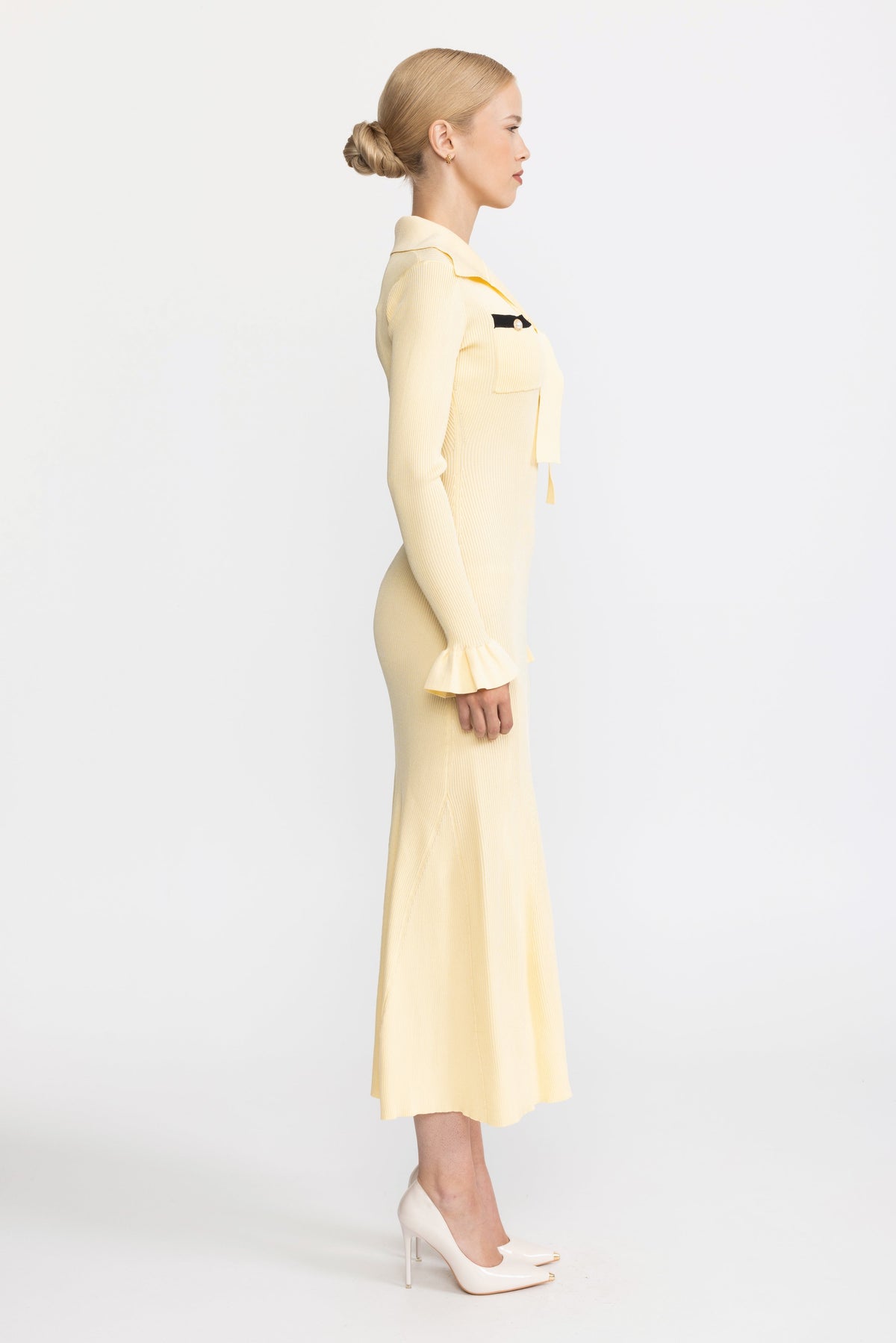 Tie Neck Rib Knit Ruffle Cuff Midi Dress - Yellow