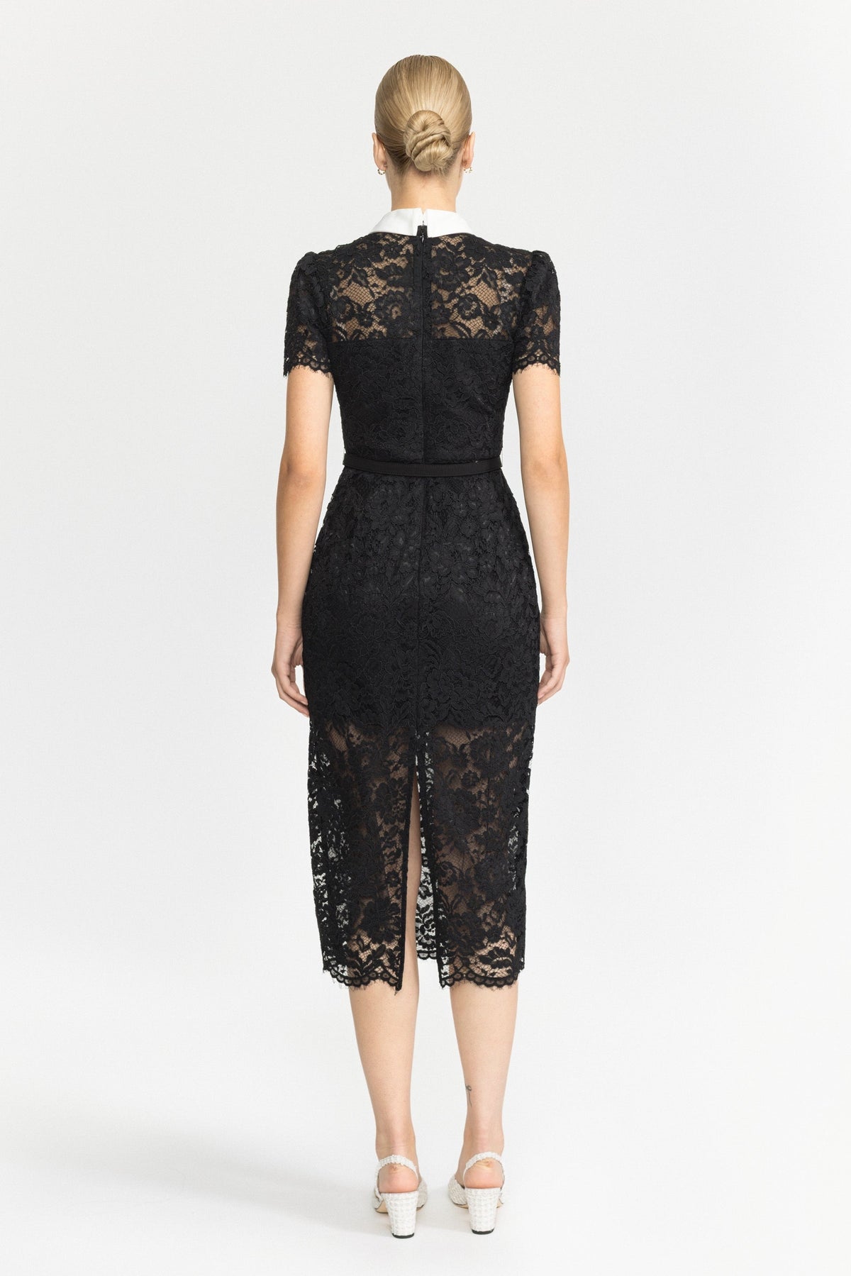 Corded Lace Bow Collar Midi Dress - Black