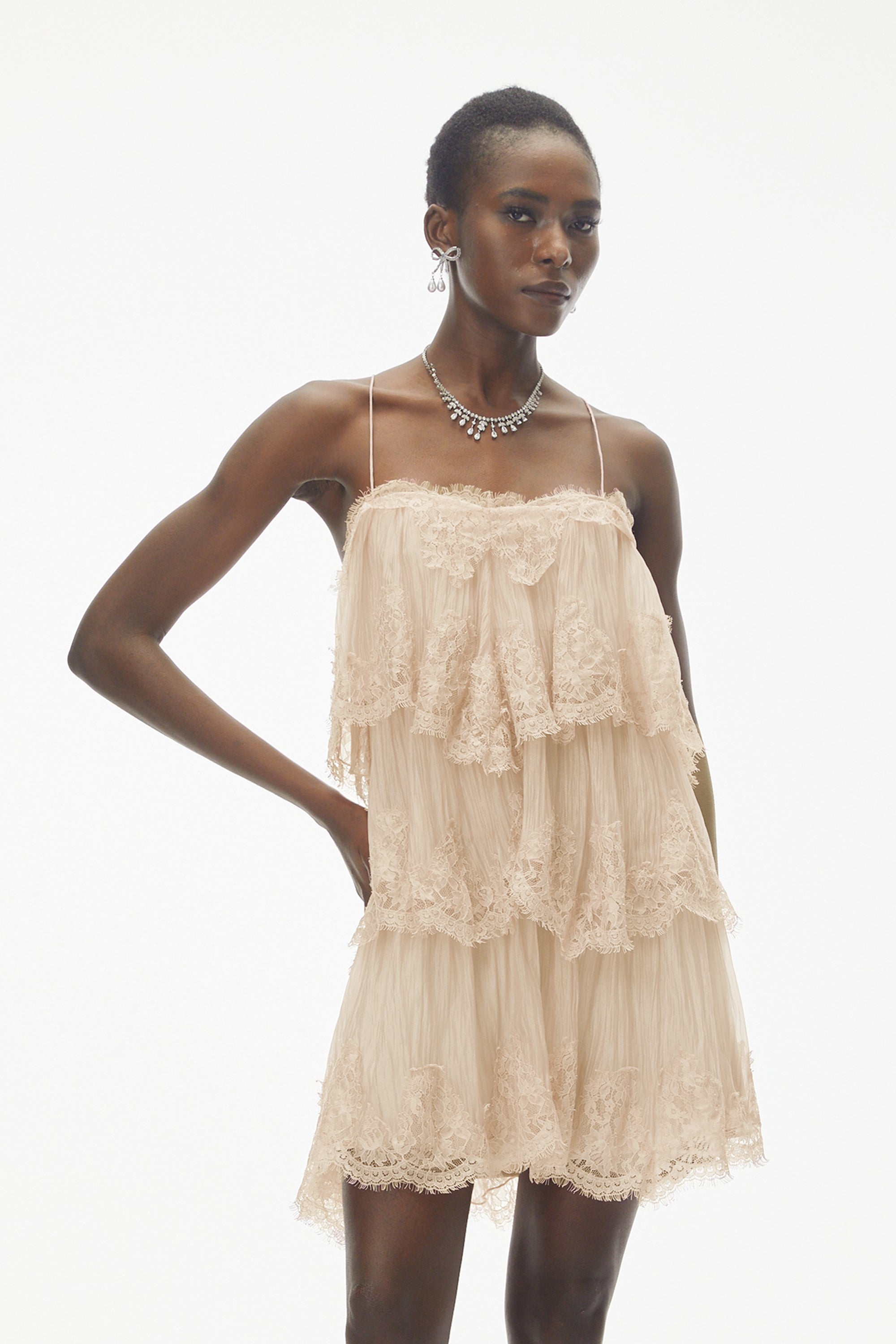Rachel Beige Tiered Mini Dress with Lace Trim