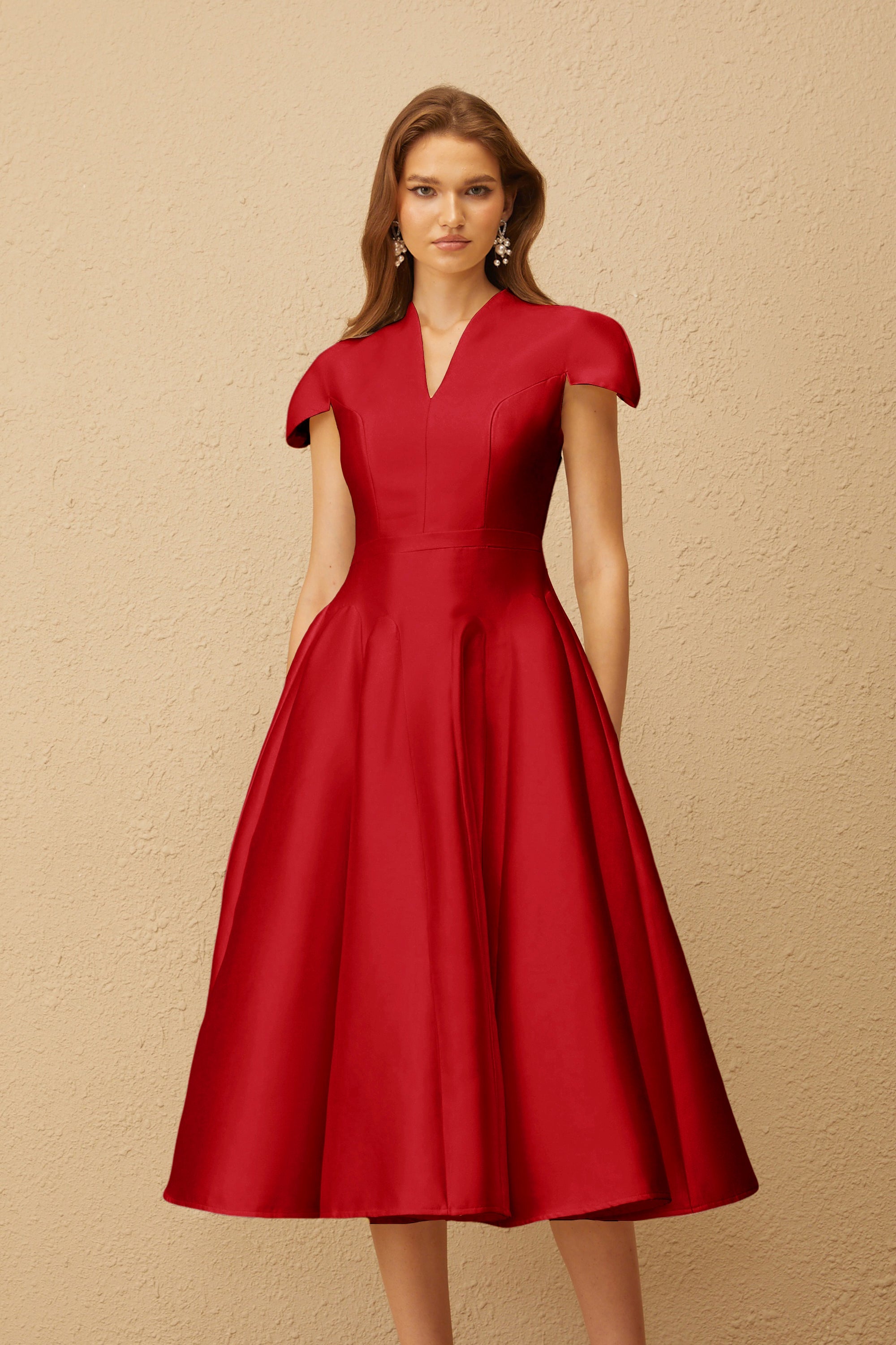 Aventin Red Godet Design Midi Dress (Final Sale-US Only)