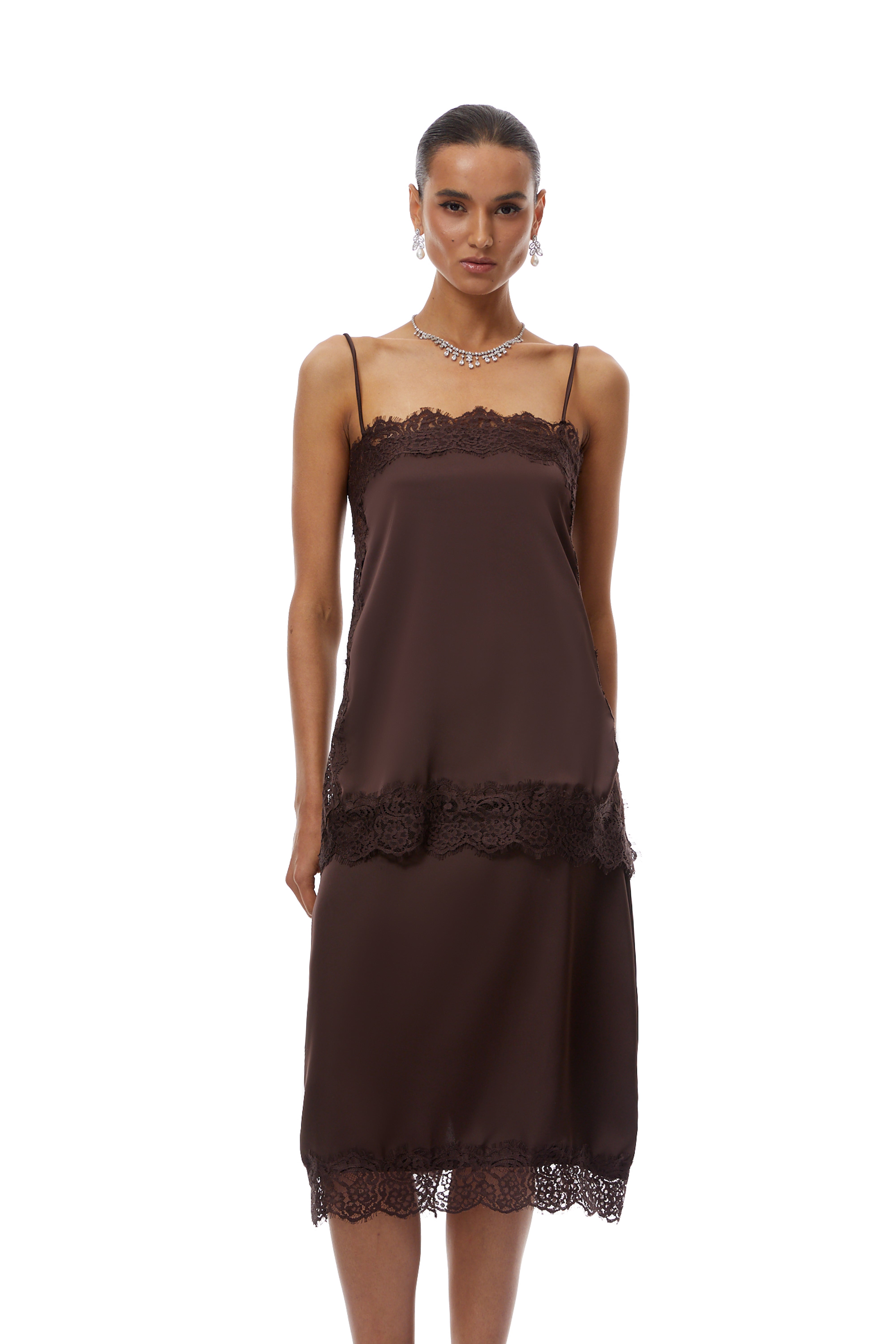 Ingrid Brown Lace Trim Satin Top & Skirt Set