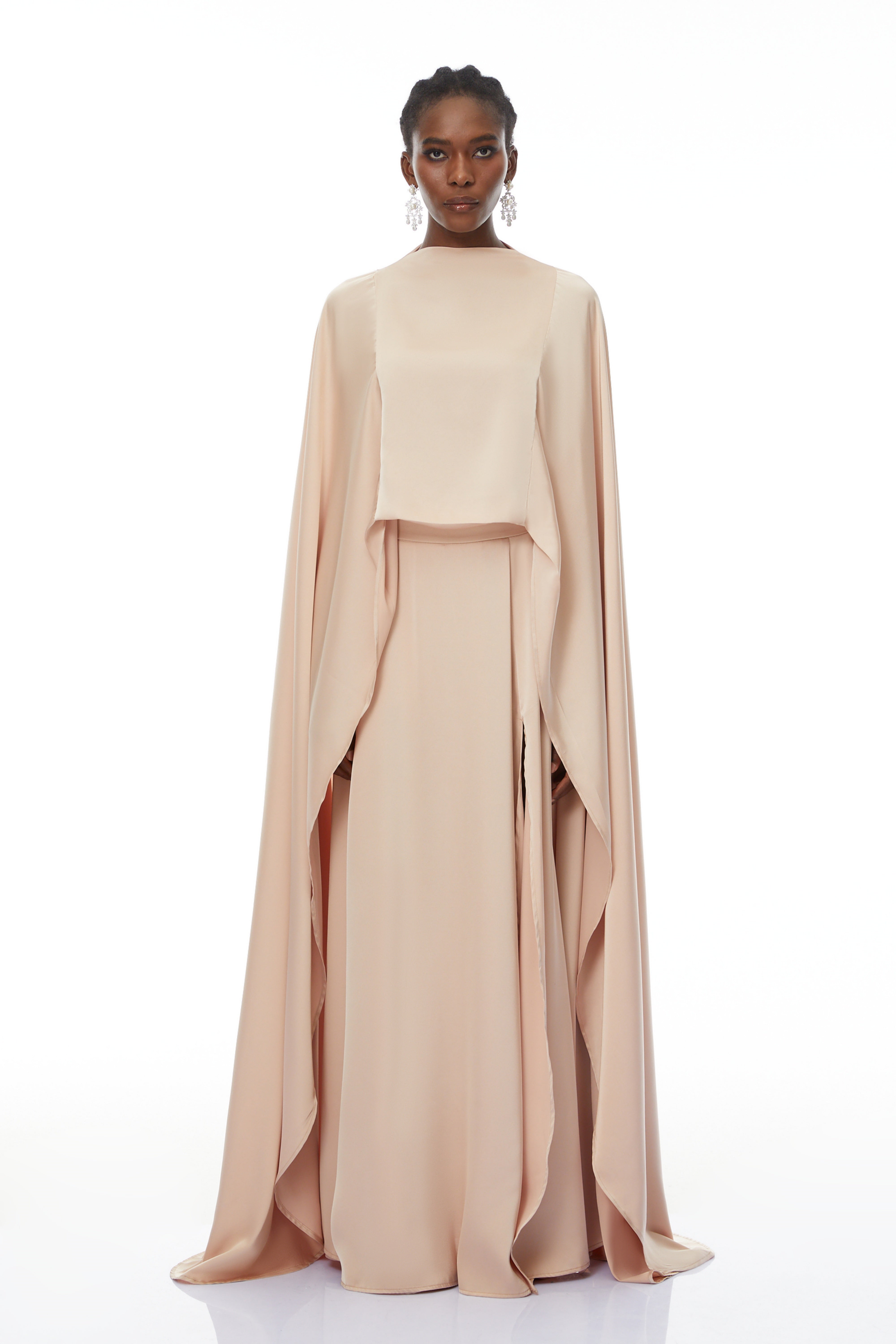 Everleigh Champagne Satin Top & Skirt Set With Cape Detail