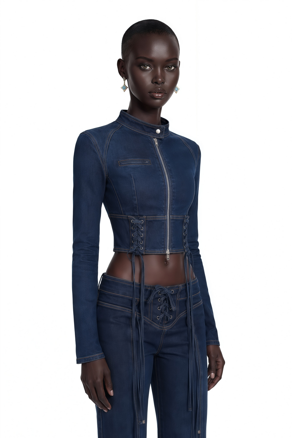 kiona indigo blue denim lace-up co-ord set