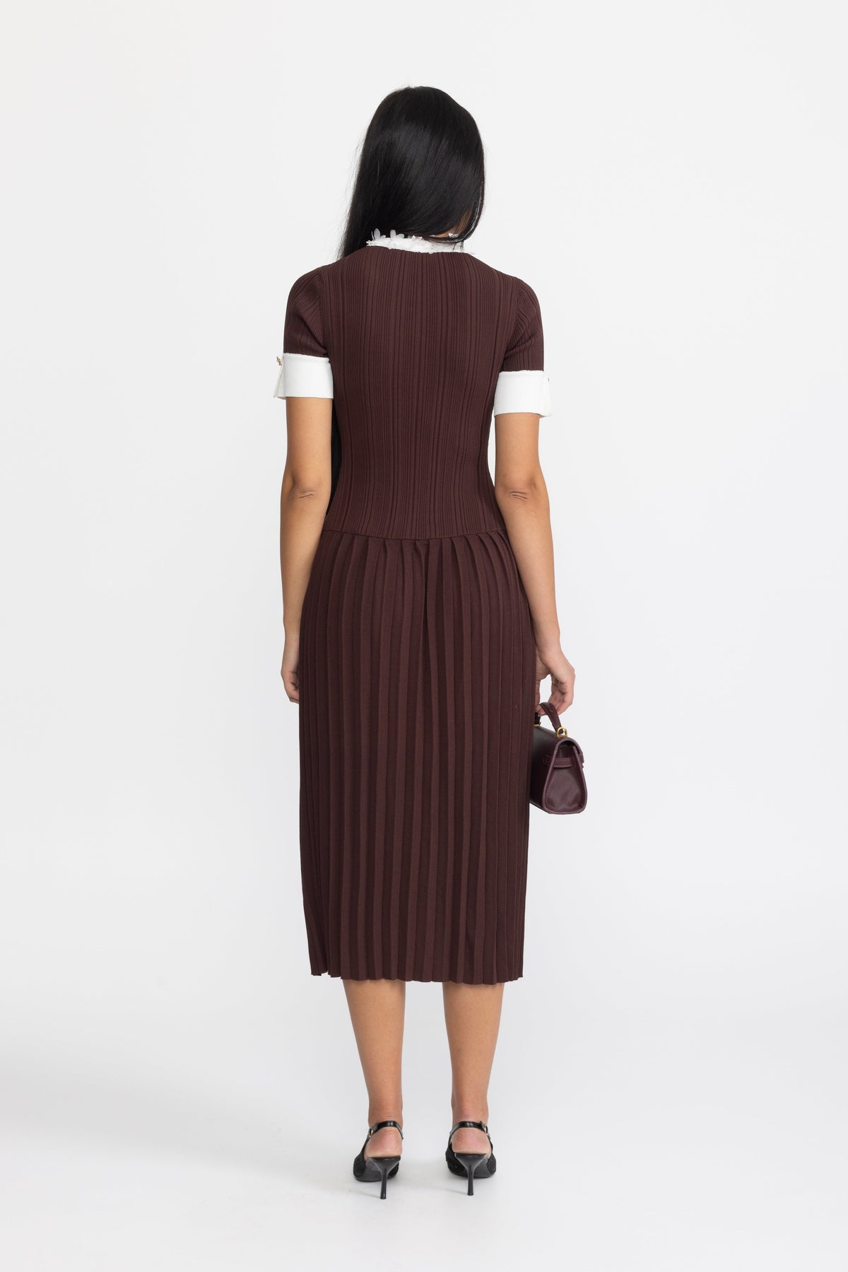 Pleated Knit Ruffle Trim Midi Dress - Chocolate