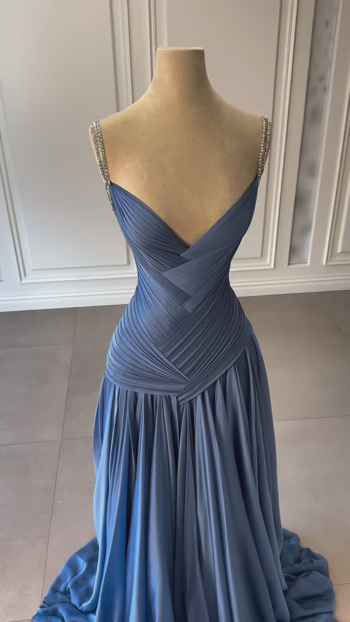 angelína blue diagonal pleated gathered maxi gown