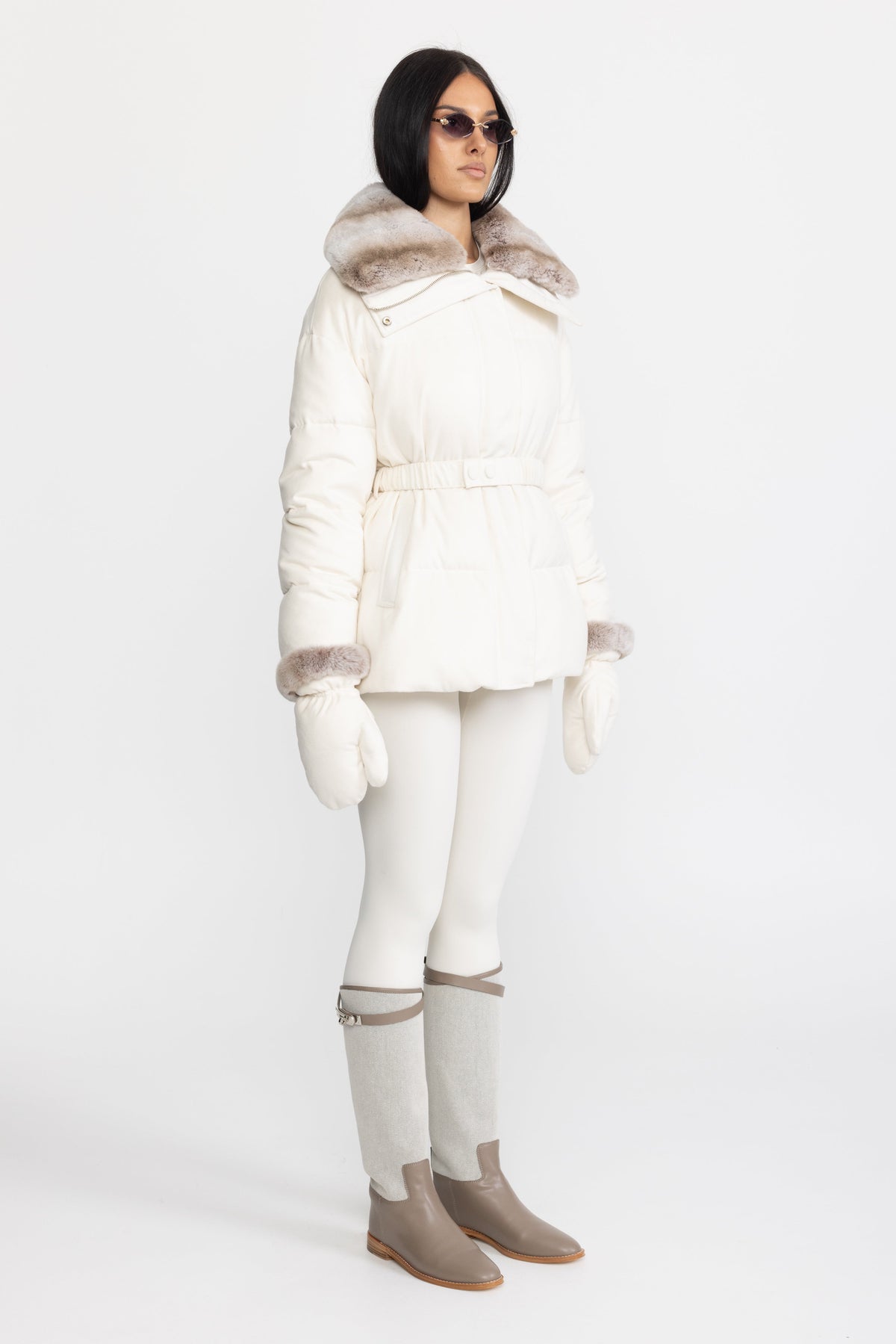 Rex Rabbit Fur Collar Cotton-Silk Down Jacket - Ivoire