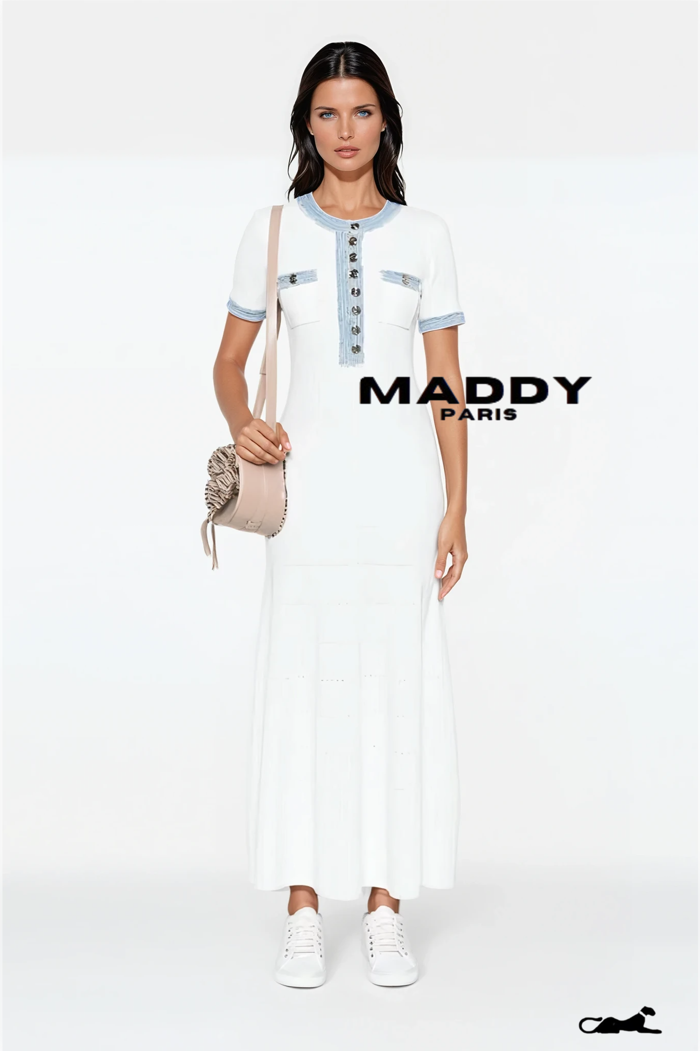 Sandro DENIM-TRIM KNITTED MAXI DRESS - WHITE